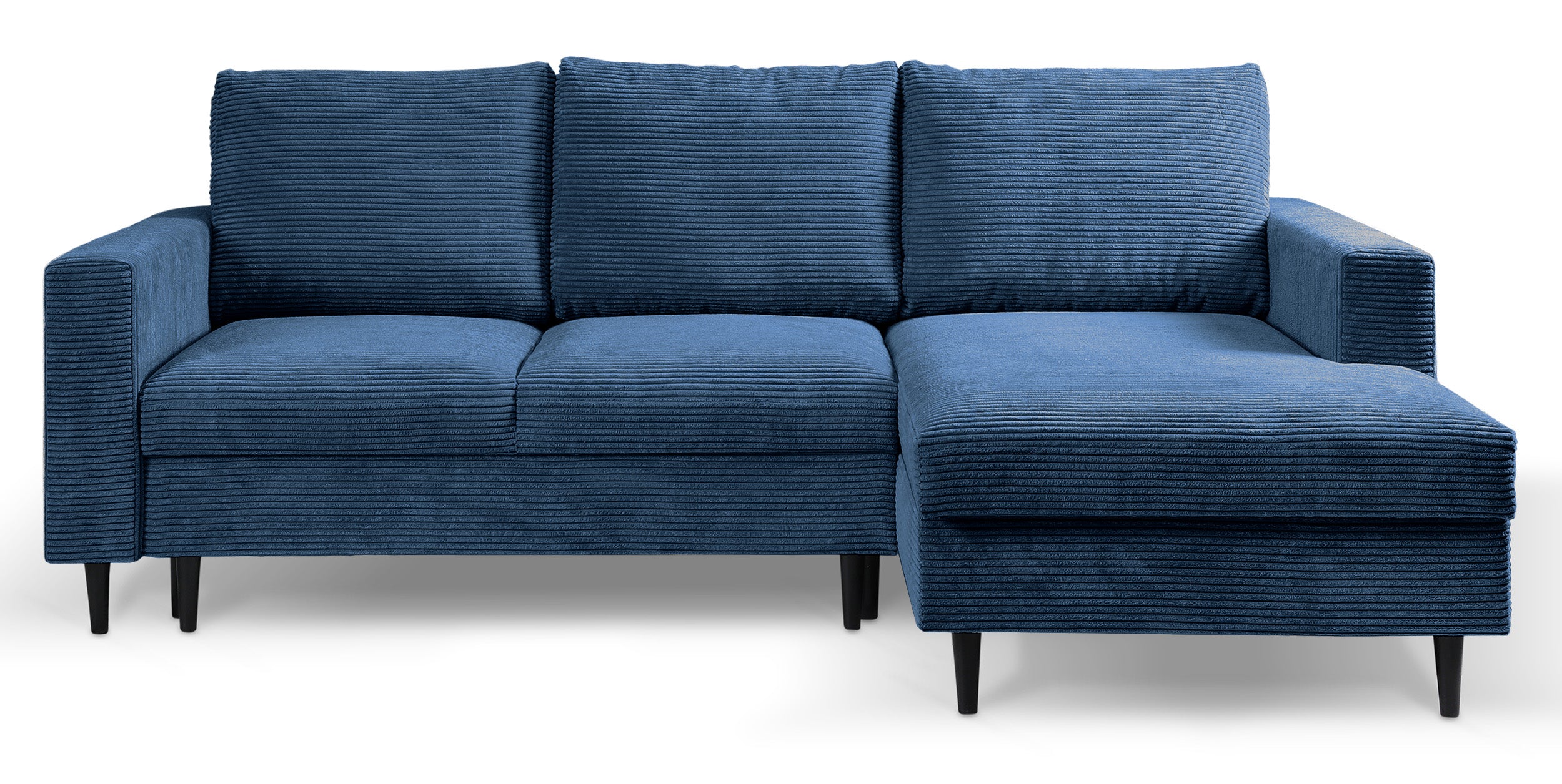 Ecksofa mit Schlaffunktion Nalika, L-förmig, mit Stauraum, marineblauer Cordstoff, rechtsseitig