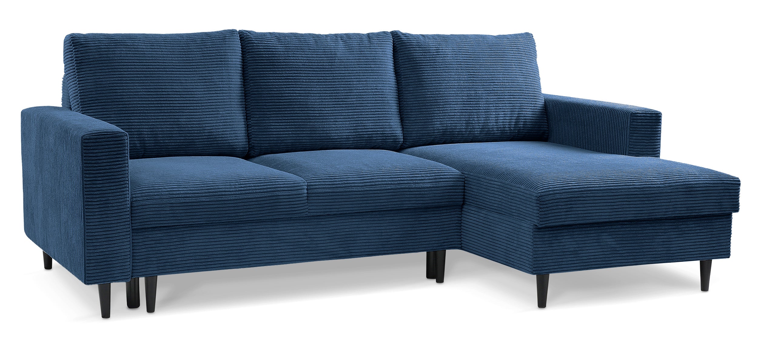 Ecksofa mit Schlaffunktion Nalika, L-förmig, mit Stauraum, marineblauer Cordstoff, rechtsseitig