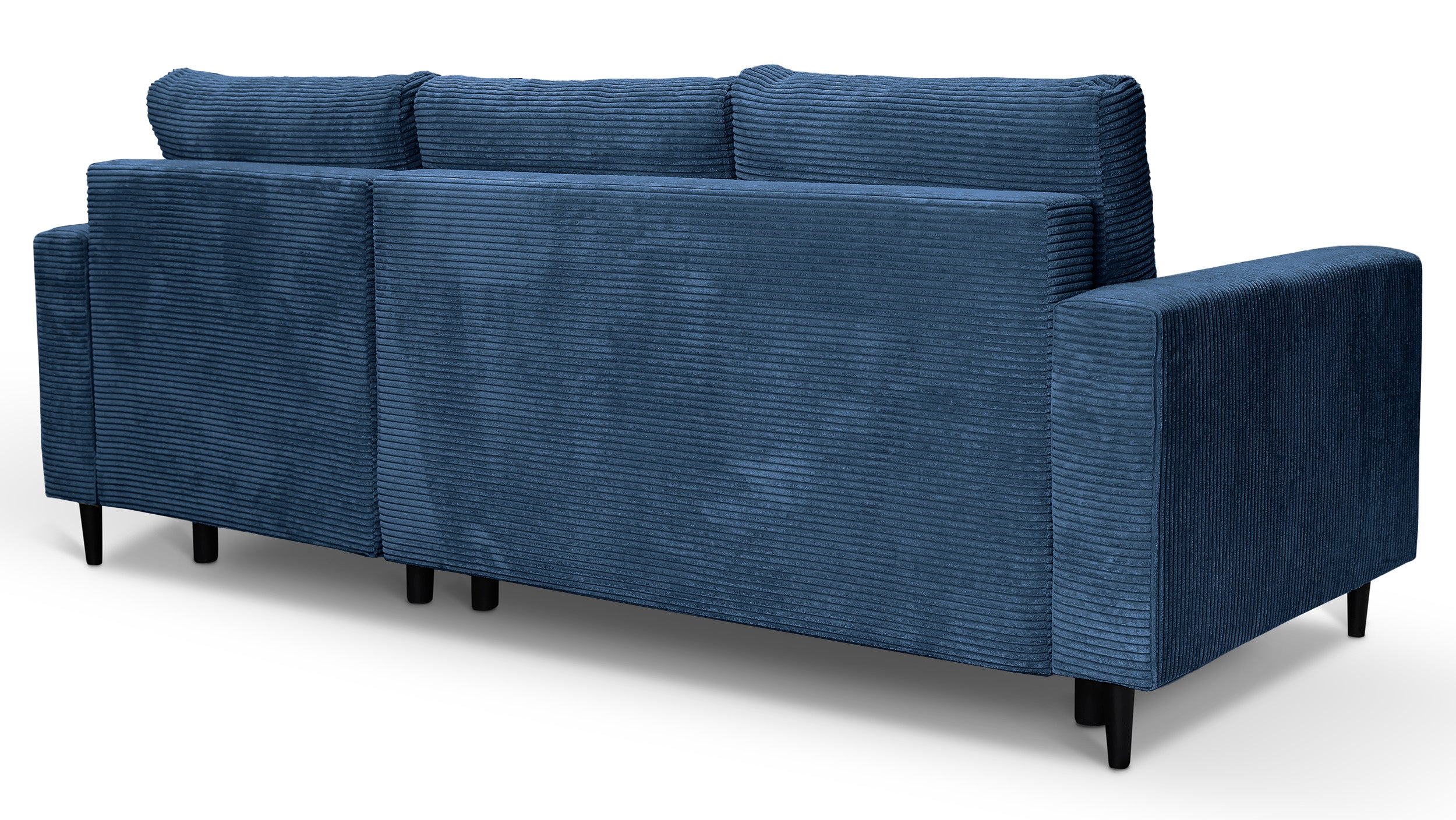 Ecksofa mit Schlaffunktion Nalika, L-förmig, mit Stauraum, marineblauer Cordstoff, rechtsseitig