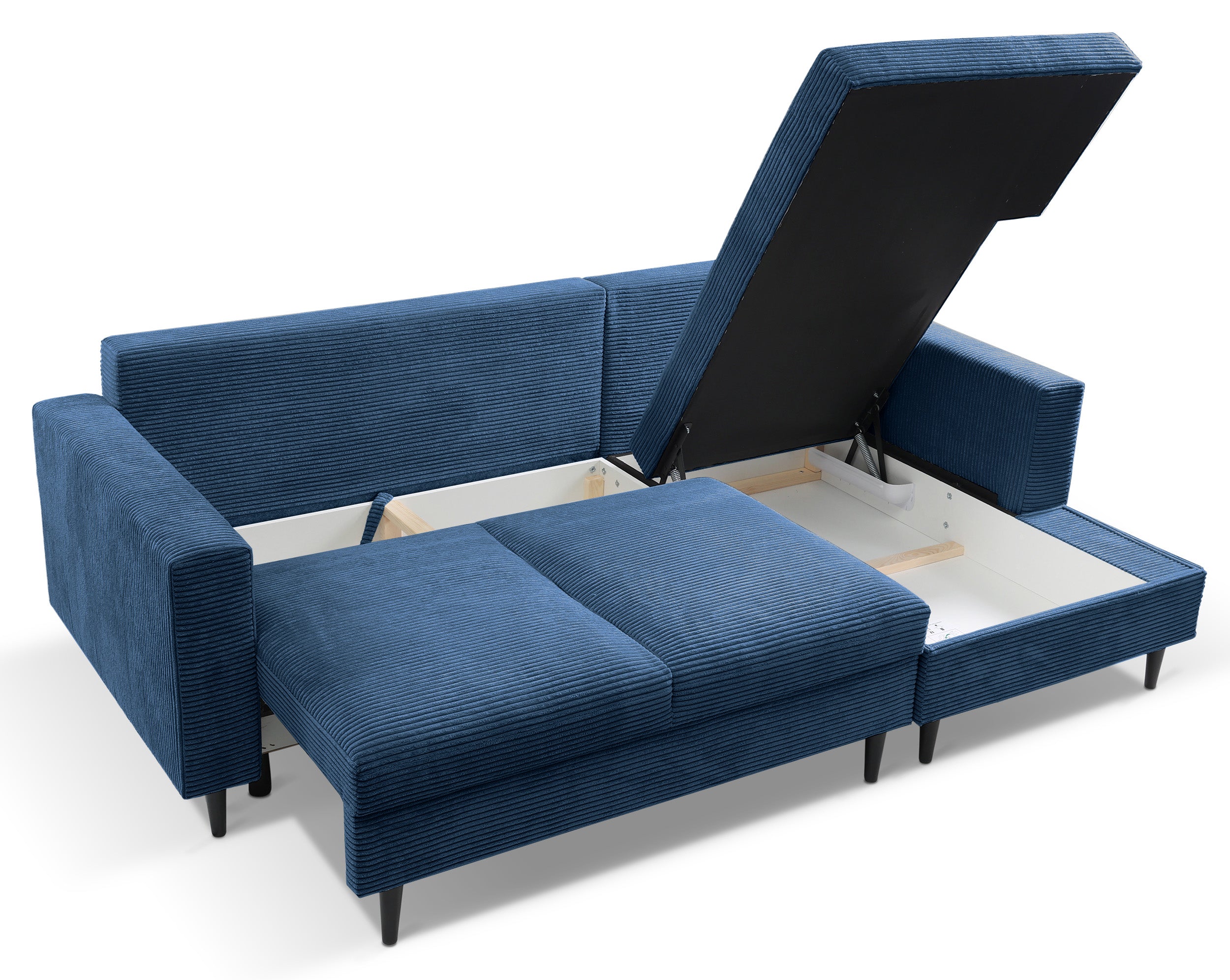 Ecksofa mit Schlaffunktion Nalika, L-förmig, mit Stauraum, marineblauer Cordstoff, rechtsseitig