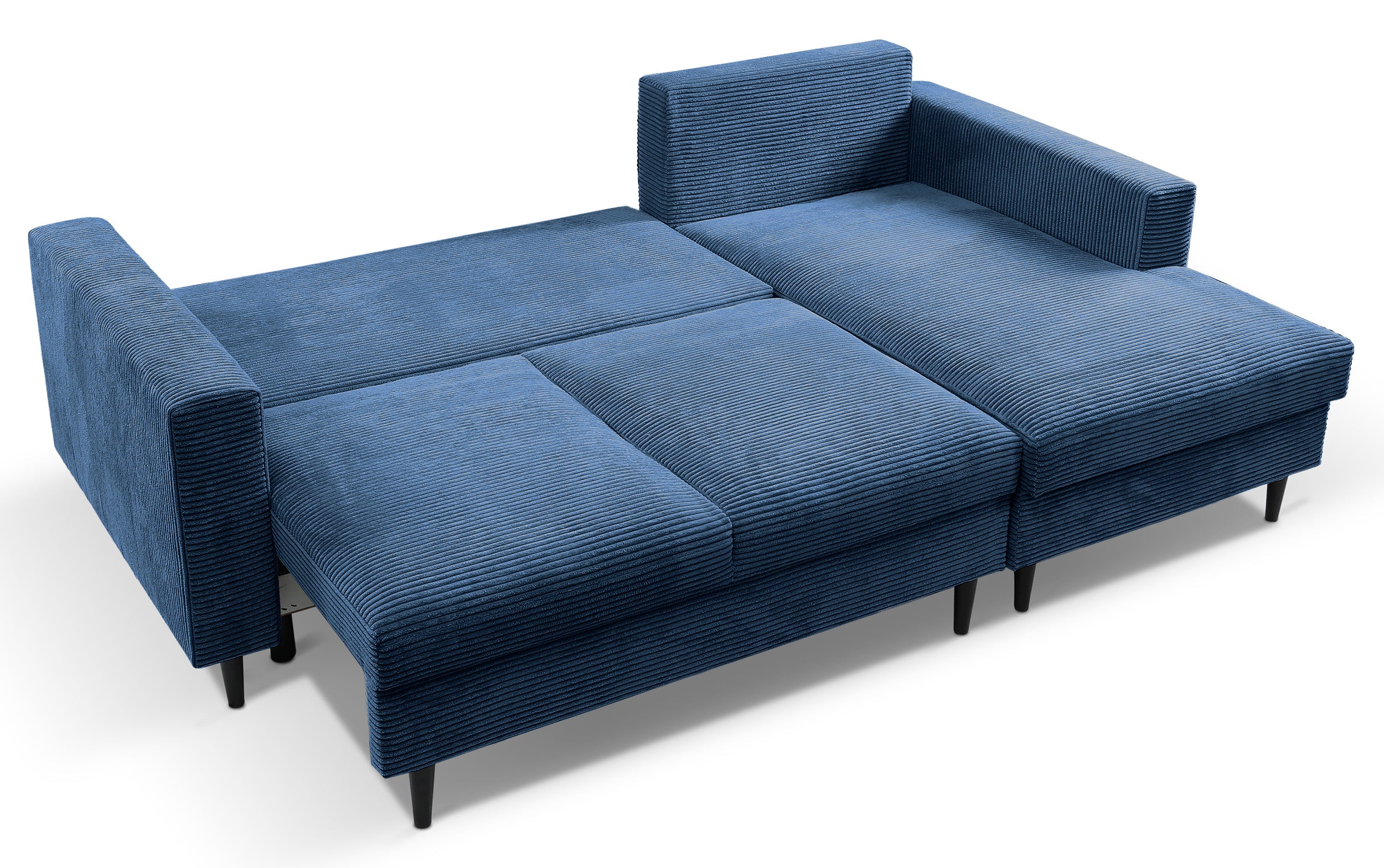 Ecksofa mit Schlaffunktion Nalika, L-förmig, mit Stauraum, marineblauer Cordstoff, rechtsseitig