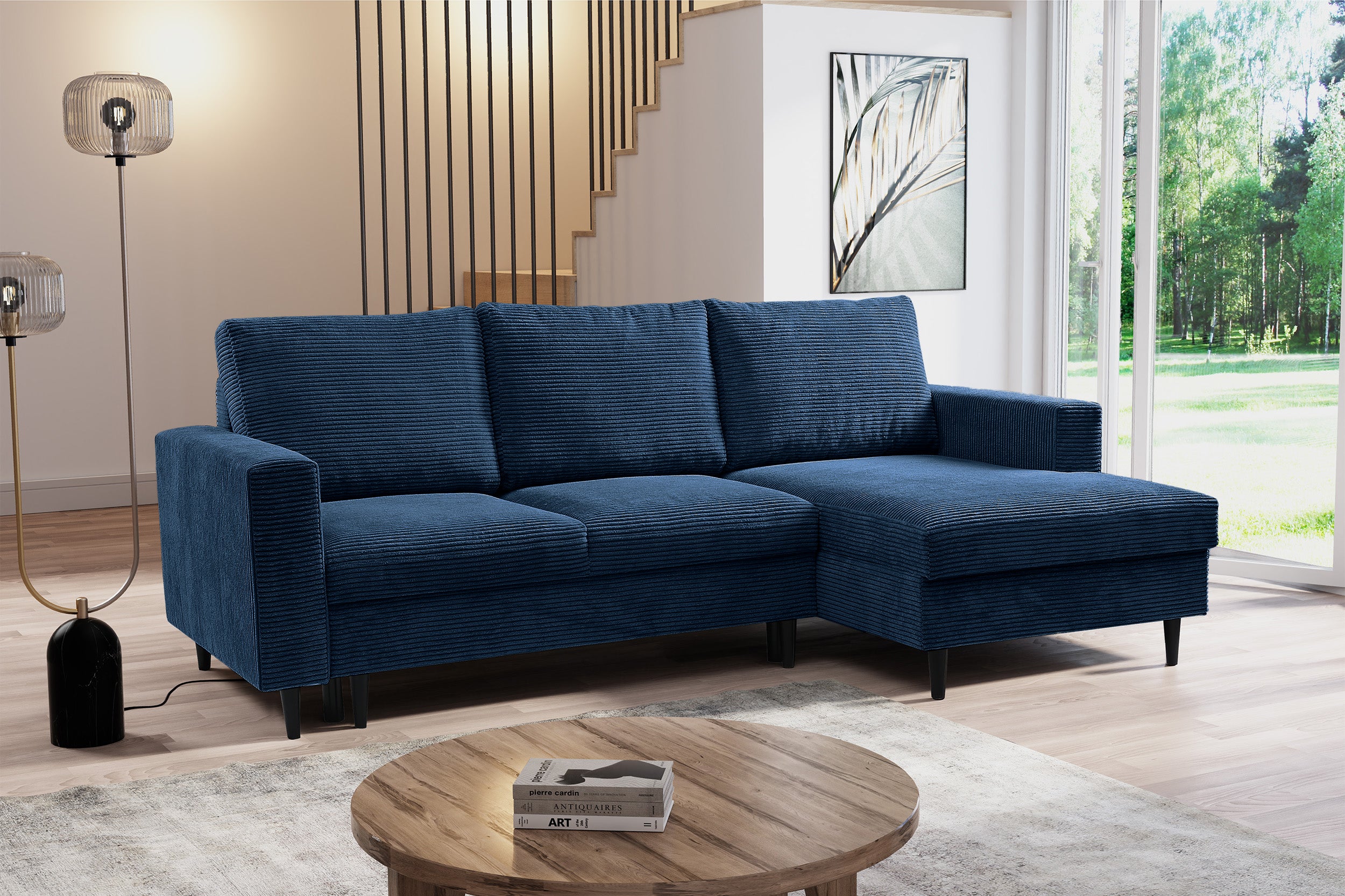 Ecksofa mit Schlaffunktion Nalika, L-förmig, mit Stauraum, marineblauer Cordstoff, rechtsseitig