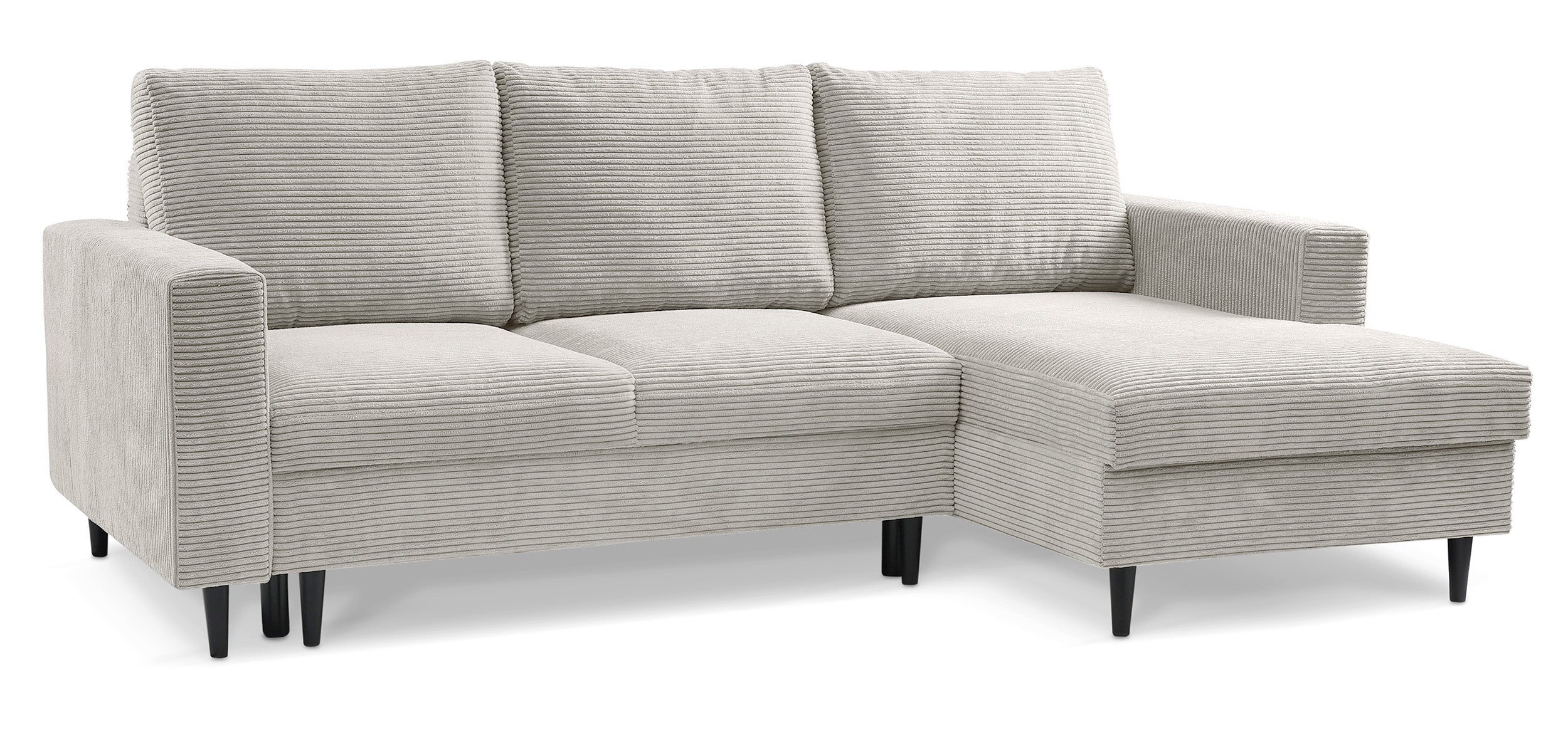 Ecksofa mit Schlaffunktion Nalika, L-förmig, mit Stauraum, hellbeiger Cordstoff, rechtsseitig