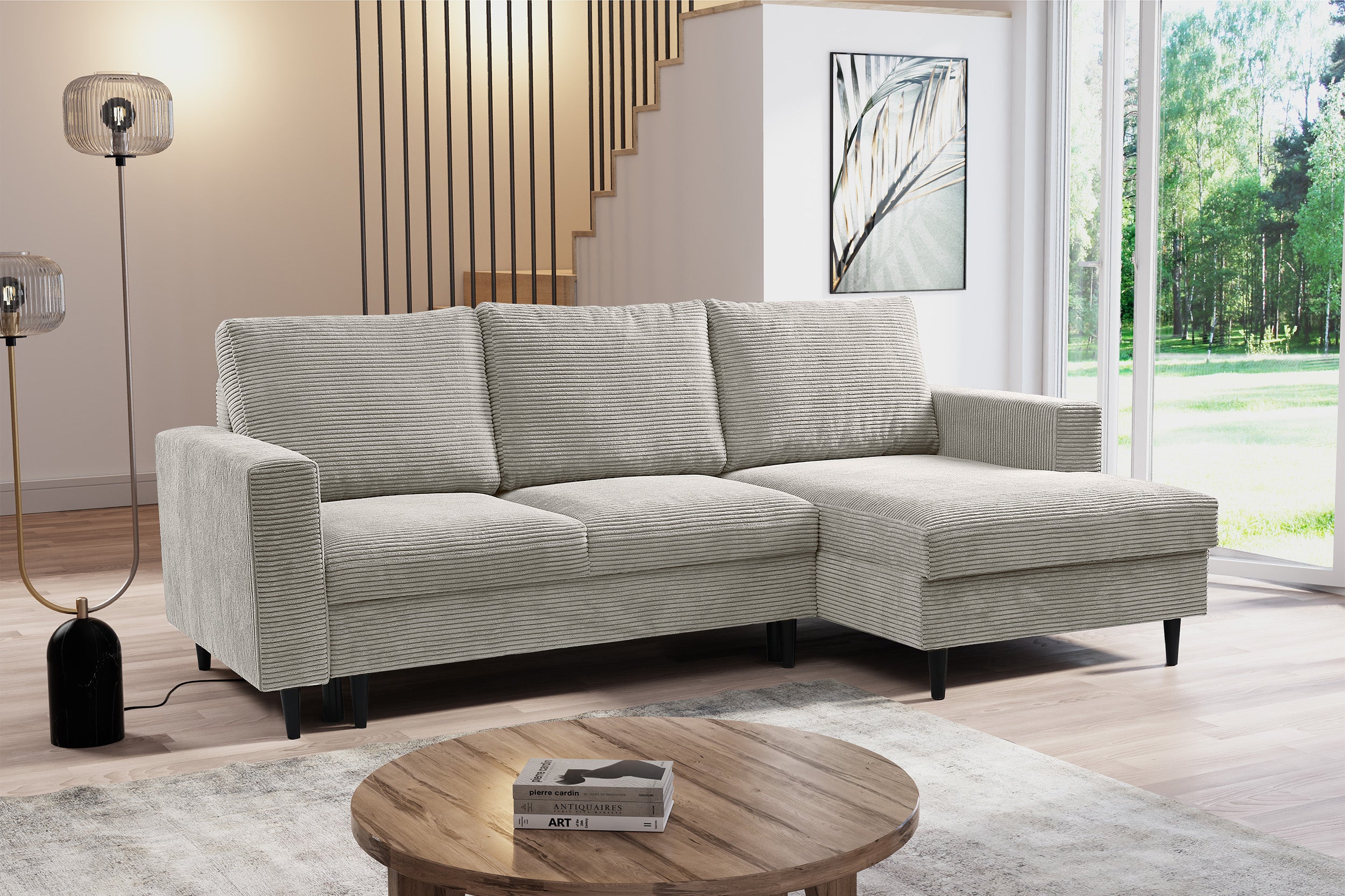 Ecksofa mit Schlaffunktion Nalika, L-förmig, mit Stauraum, hellbeiger Cordstoff, rechtsseitig