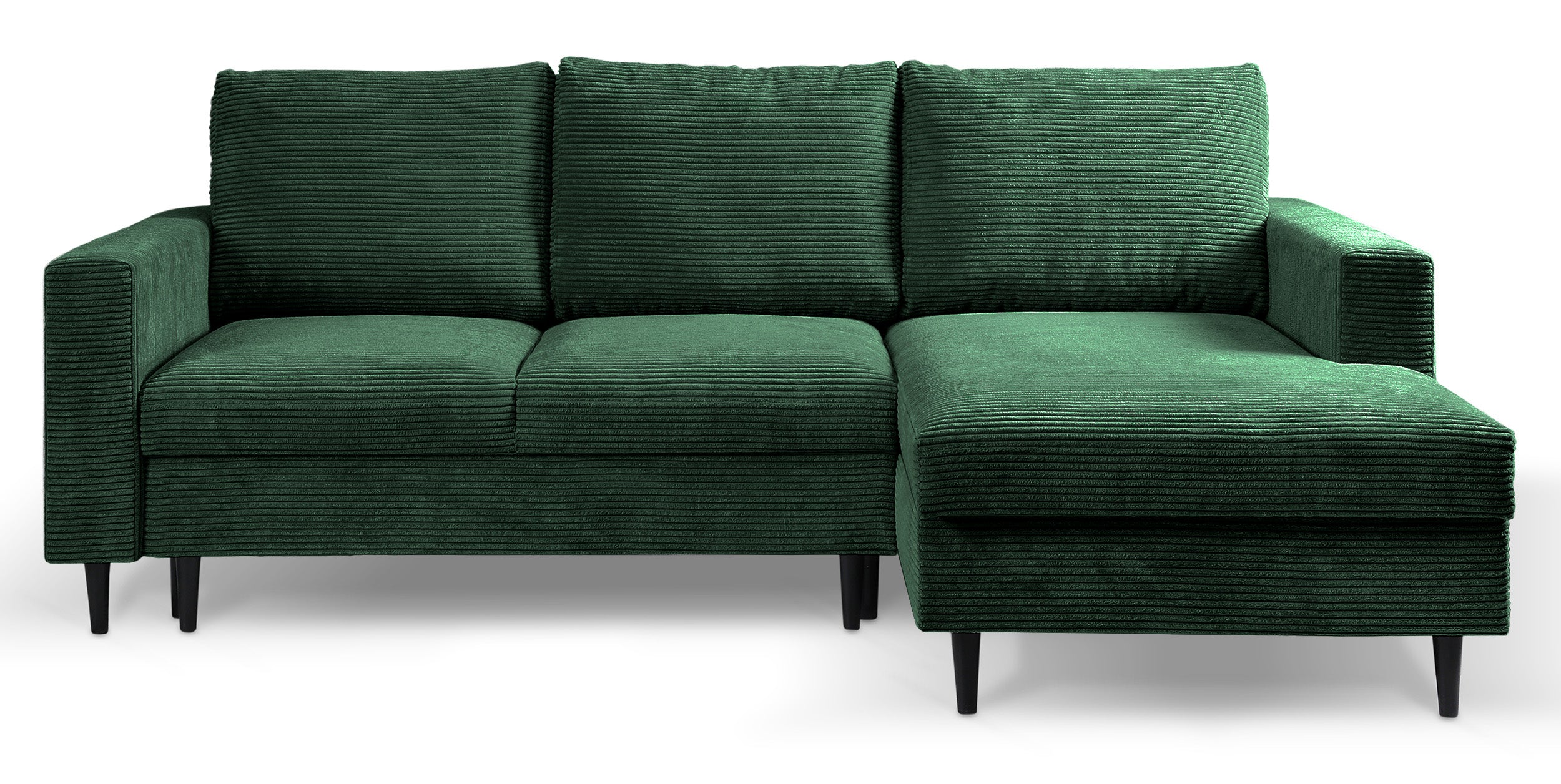 Ecksofa mit Schlafunktion Nalika, L-förmig, mit Stauraum, dunkelgrüner Cord, rechtsseitig
