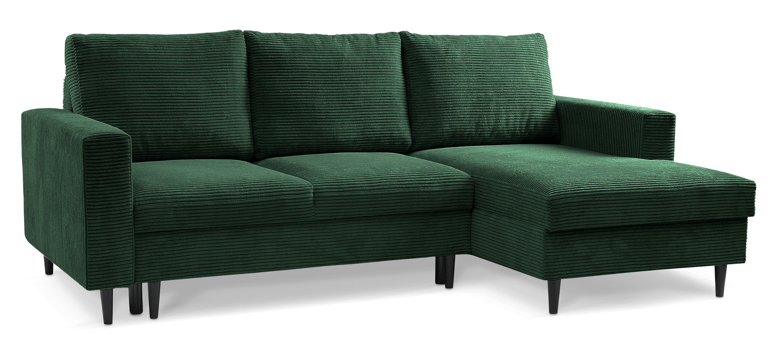 Ecksofa mit Schlafunktion Nalika, L-förmig, mit Stauraum, dunkelgrüner Cord, rechtsseitig