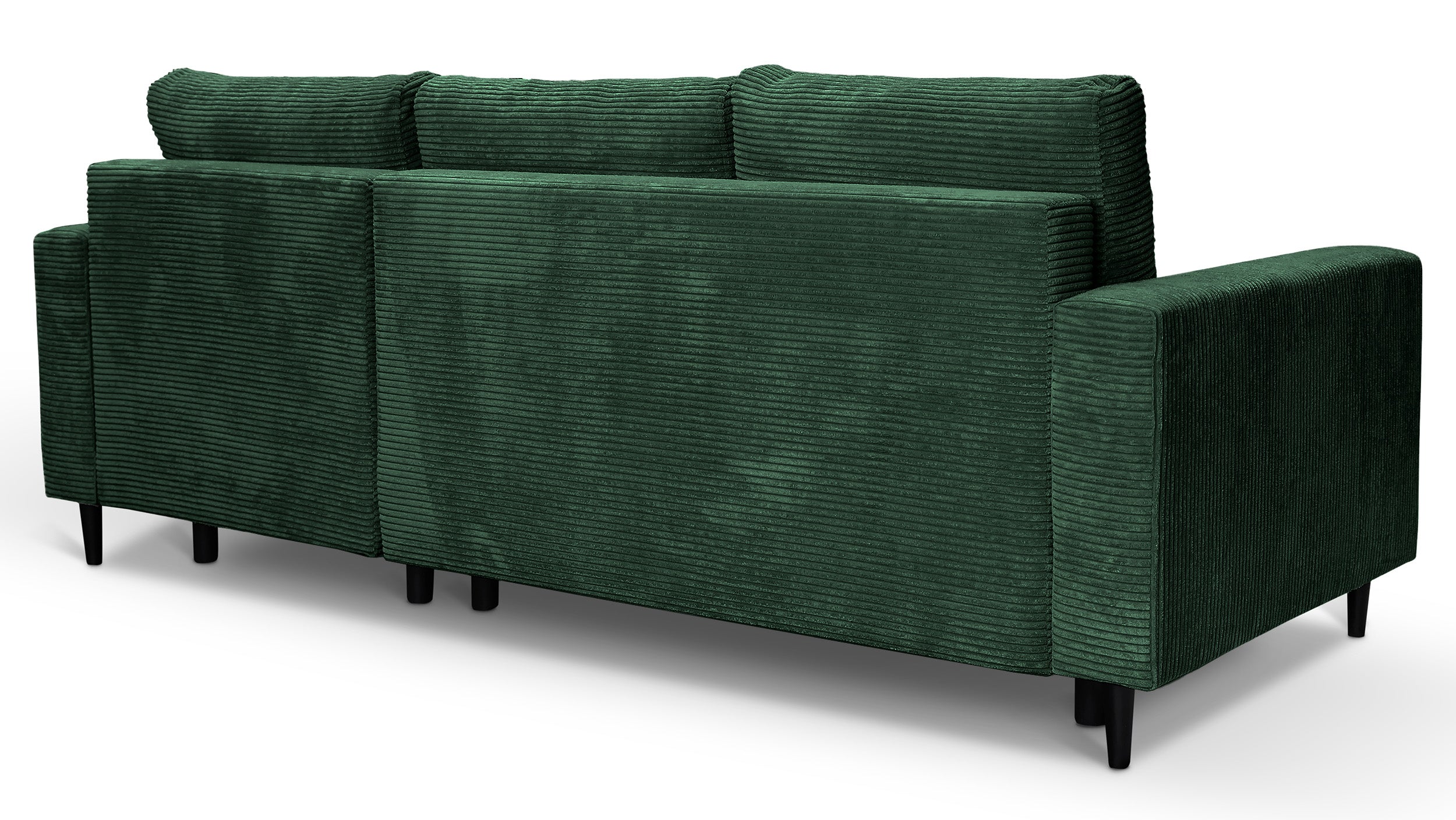 Ecksofa mit Schlafunktion Nalika, L-förmig, mit Stauraum, dunkelgrüner Cord, rechtsseitig