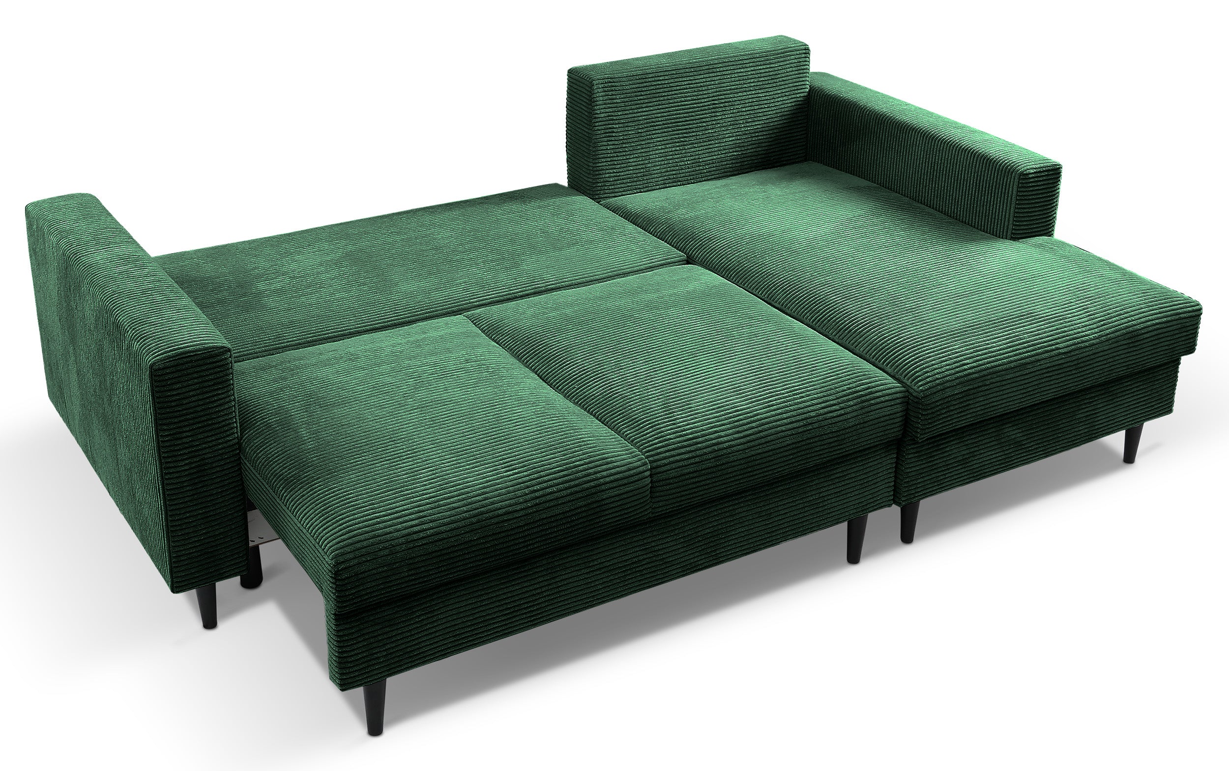 Ecksofa mit Schlafunktion Nalika, L-förmig, mit Stauraum, dunkelgrüner Cord, rechtsseitig