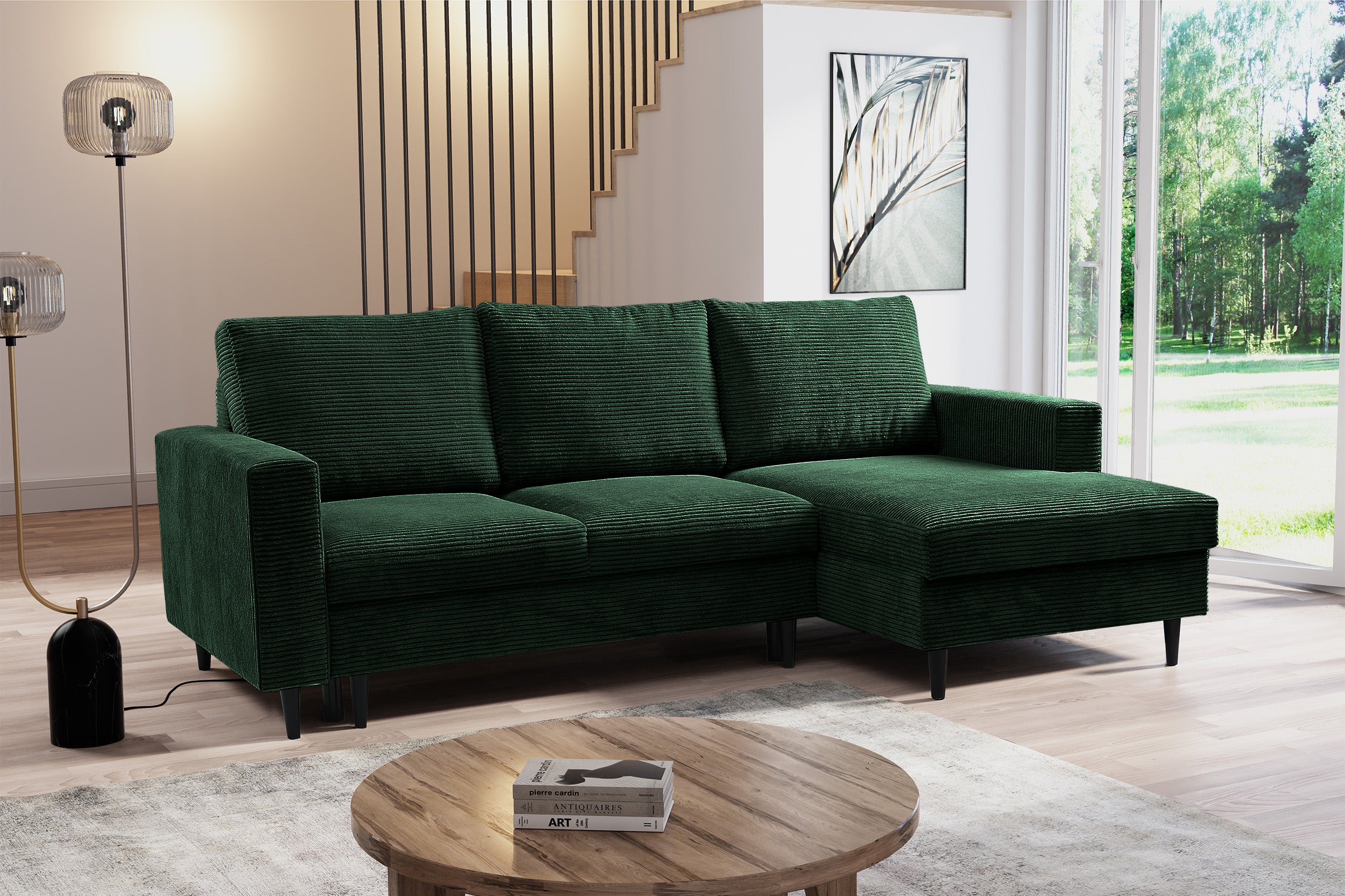 Ecksofa mit Schlafunktion Nalika, L-förmig, mit Stauraum, dunkelgrüner Cord, rechtsseitig