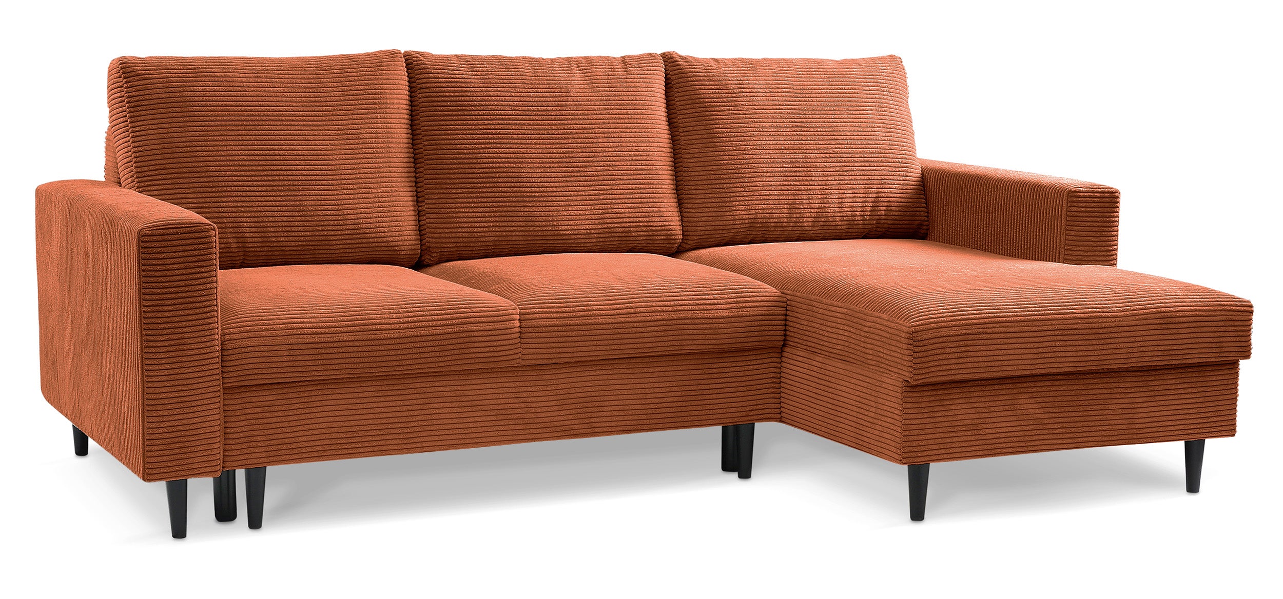Ecksofa mit Schlaffunktion Nalika, L-förmig, mit Stauraum, kupferfarbener Cordstoff, rechtsseitig