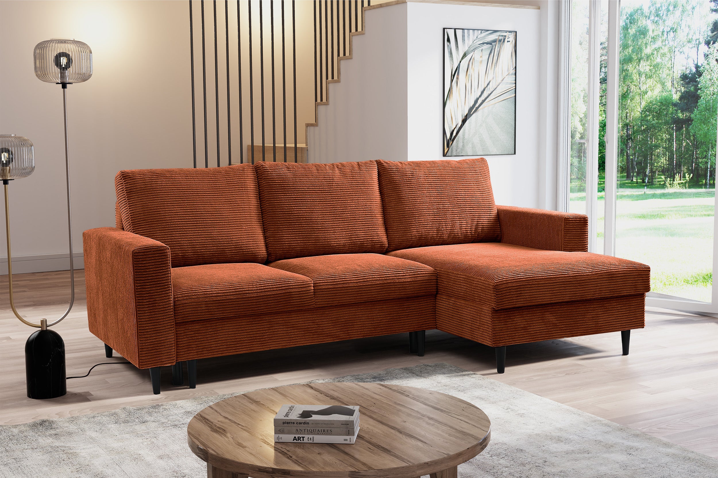 Ecksofa mit Schlaffunktion Nalika, L-förmig, mit Stauraum, kupferfarbener Cordstoff, rechtsseitig