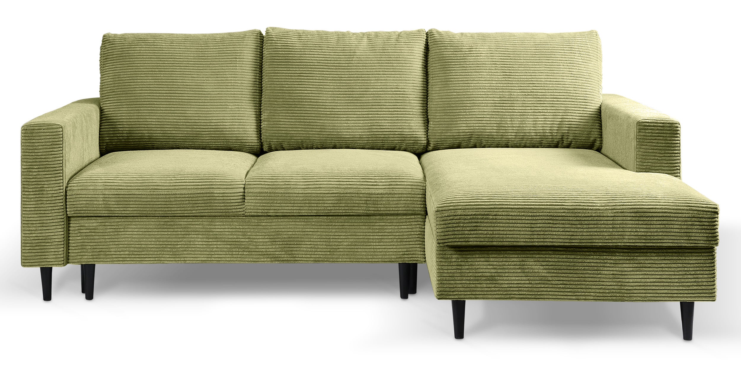 Ecksofa mit Schlaffunktion Nalika, L-förmig, mit Stauraum, pistaziengrüner Cordstoff, rechtsseitig