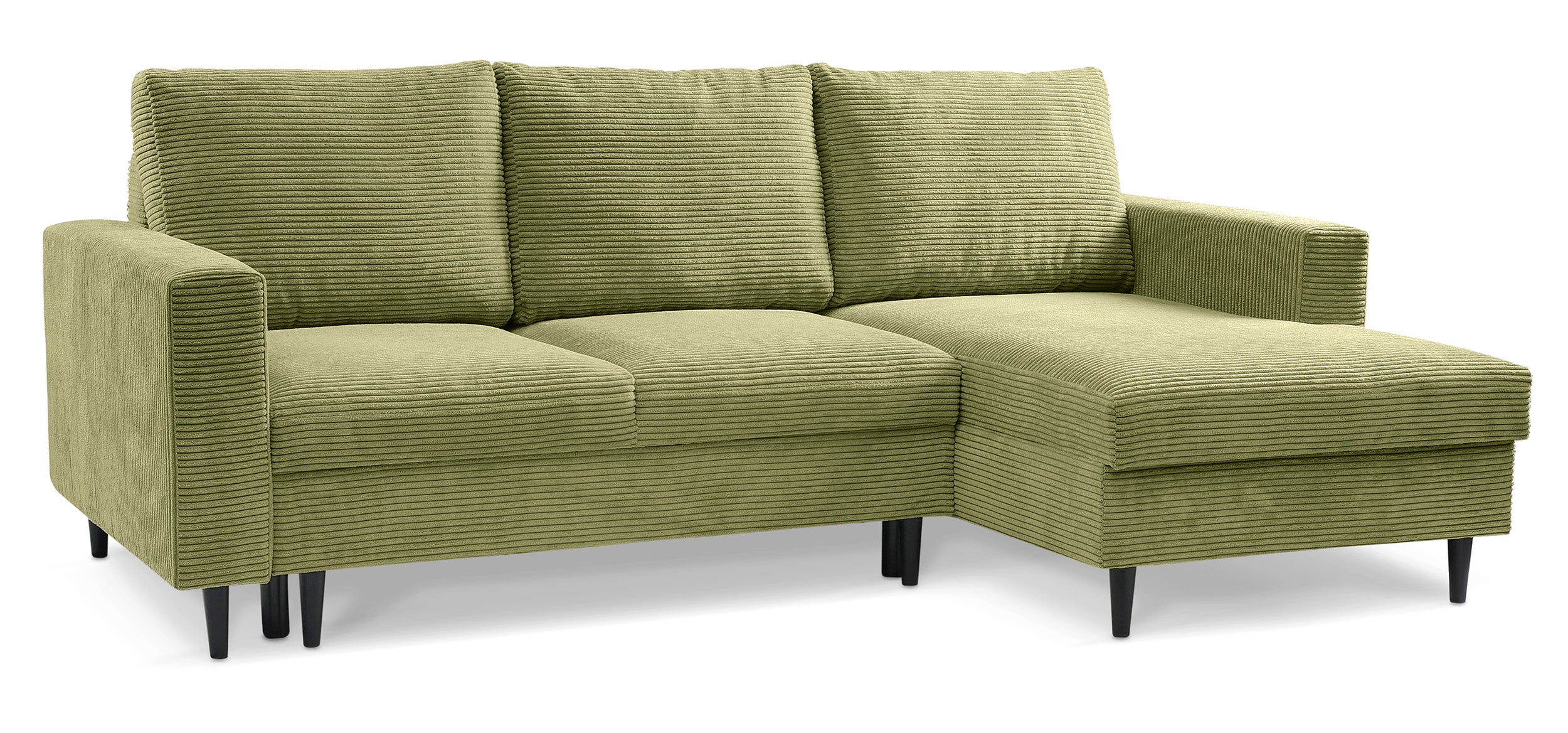 Ecksofa mit Schlaffunktion Nalika, L-förmig, mit Stauraum, pistaziengrüner Cordstoff, rechtsseitig