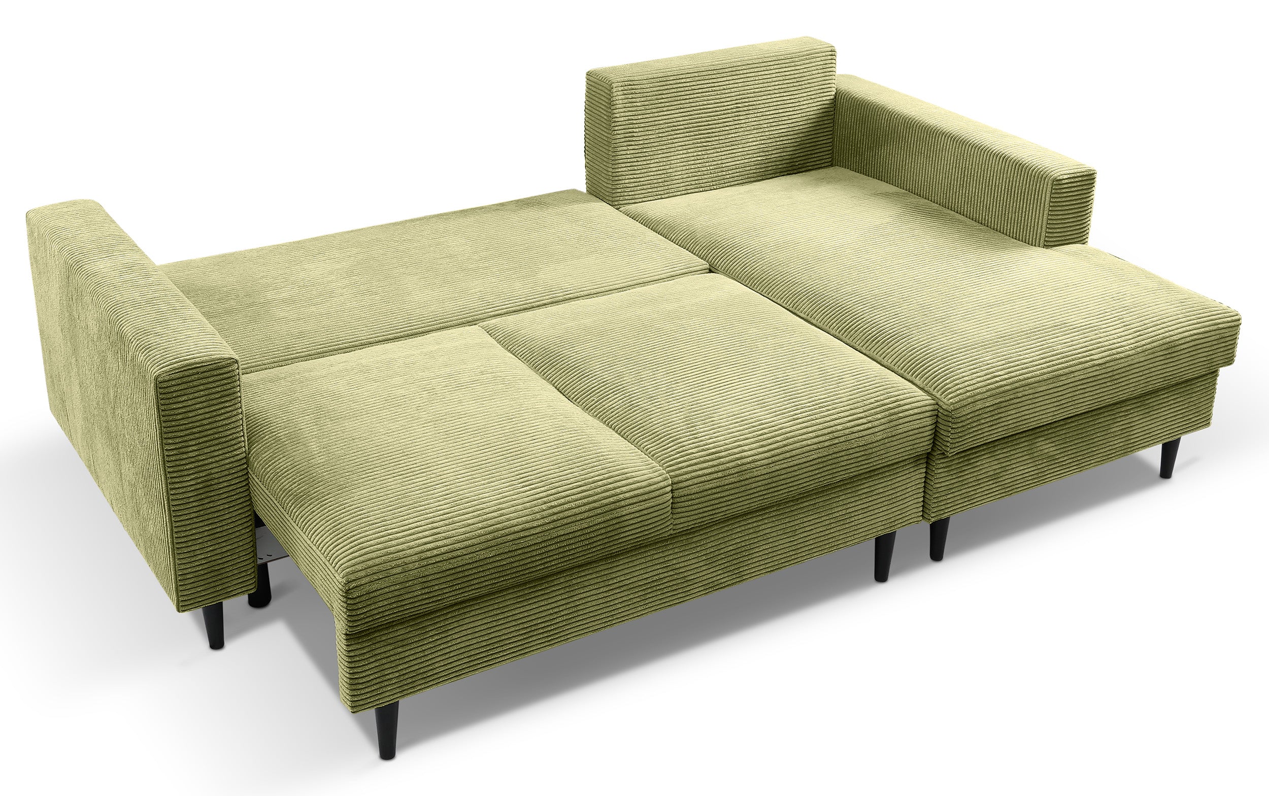 Ecksofa mit Schlaffunktion Nalika, L-förmig, mit Stauraum, pistaziengrüner Cordstoff, rechtsseitig