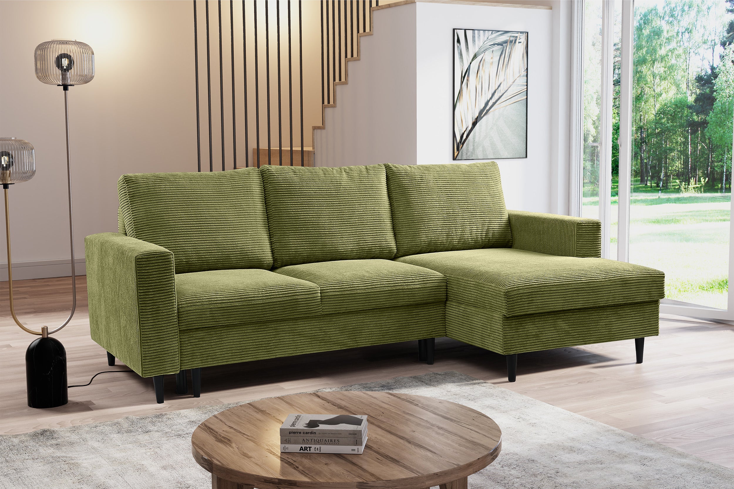 Ecksofa mit Schlaffunktion Nalika, L-förmig, mit Stauraum, pistaziengrüner Cordstoff, rechtsseitig