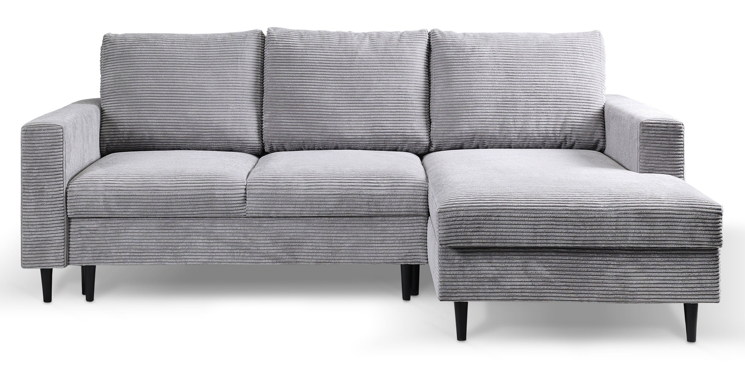 Ecksofa mit Schlafunktion Nalika, L-förmig, mit Stauraum, hellgrauer Cordstoff, rechtsseitig