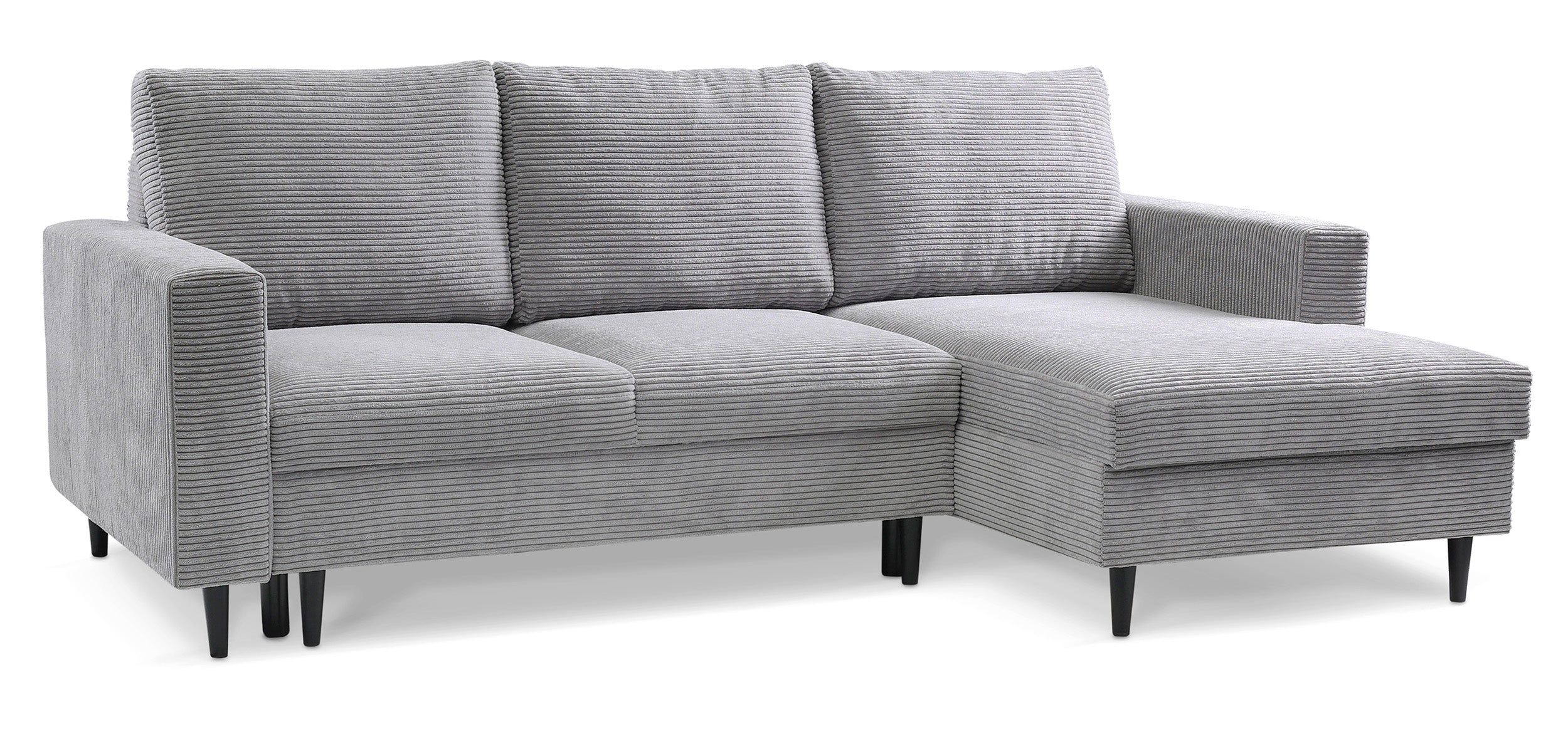 Ecksofa mit Schlafunktion Nalika, L-förmig, mit Stauraum, hellgrauer Cordstoff, rechtsseitig