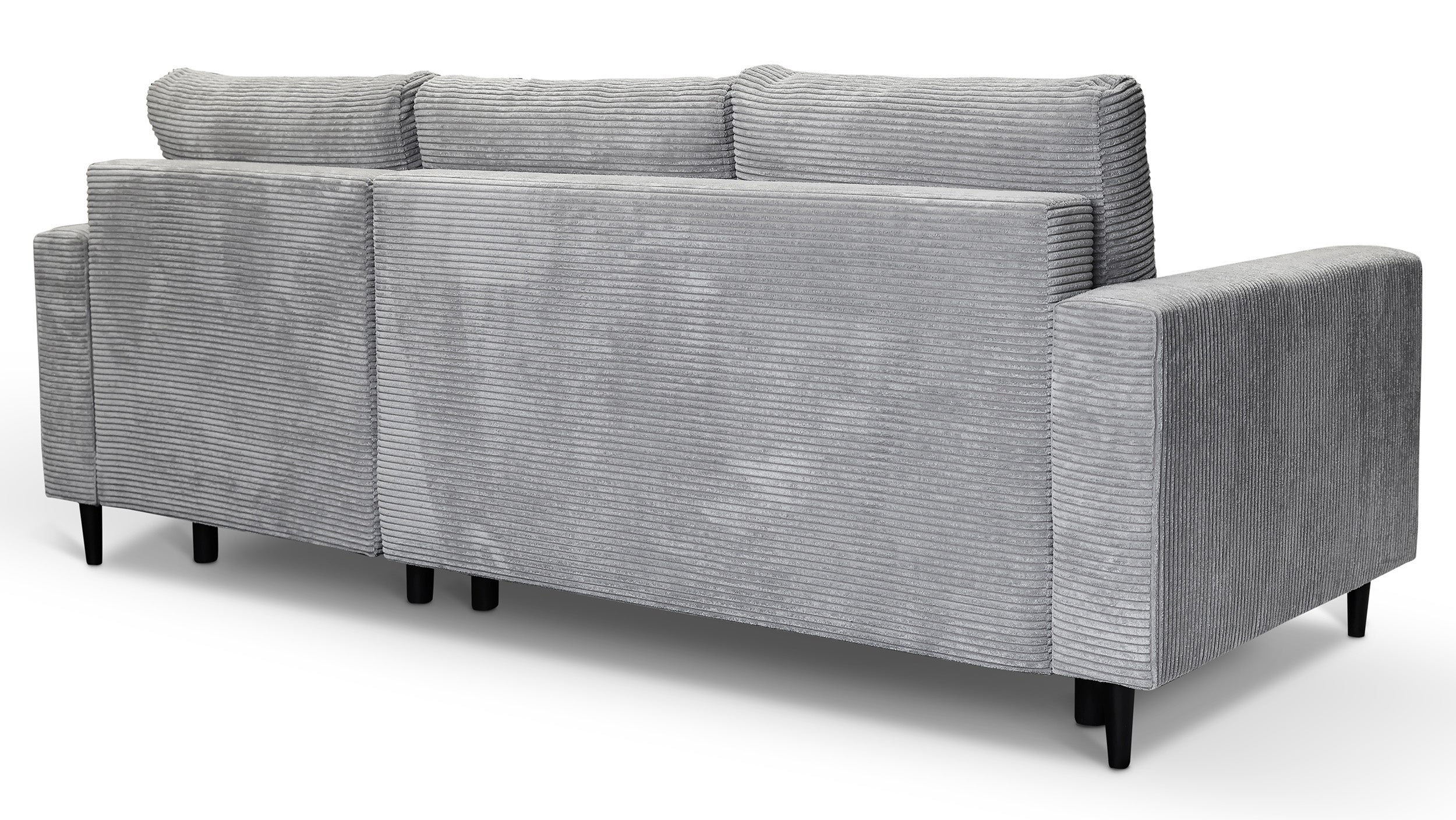 Ecksofa mit Schlafunktion Nalika, L-förmig, mit Stauraum, hellgrauer Cordstoff, rechtsseitig