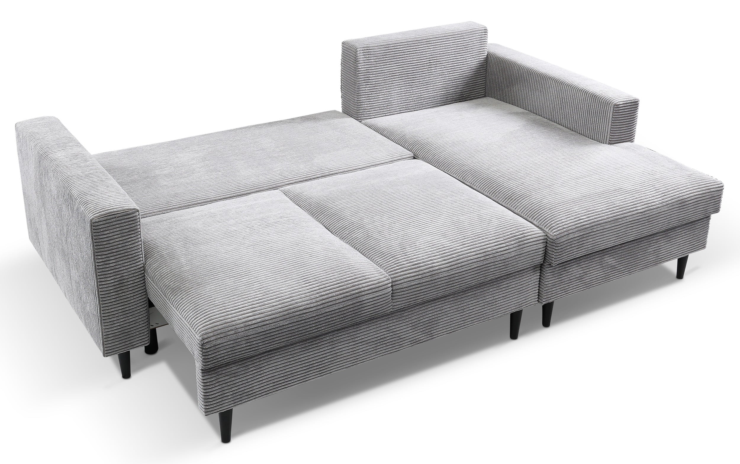 Ecksofa mit Schlafunktion Nalika, L-förmig, mit Stauraum, hellgrauer Cordstoff, rechtsseitig