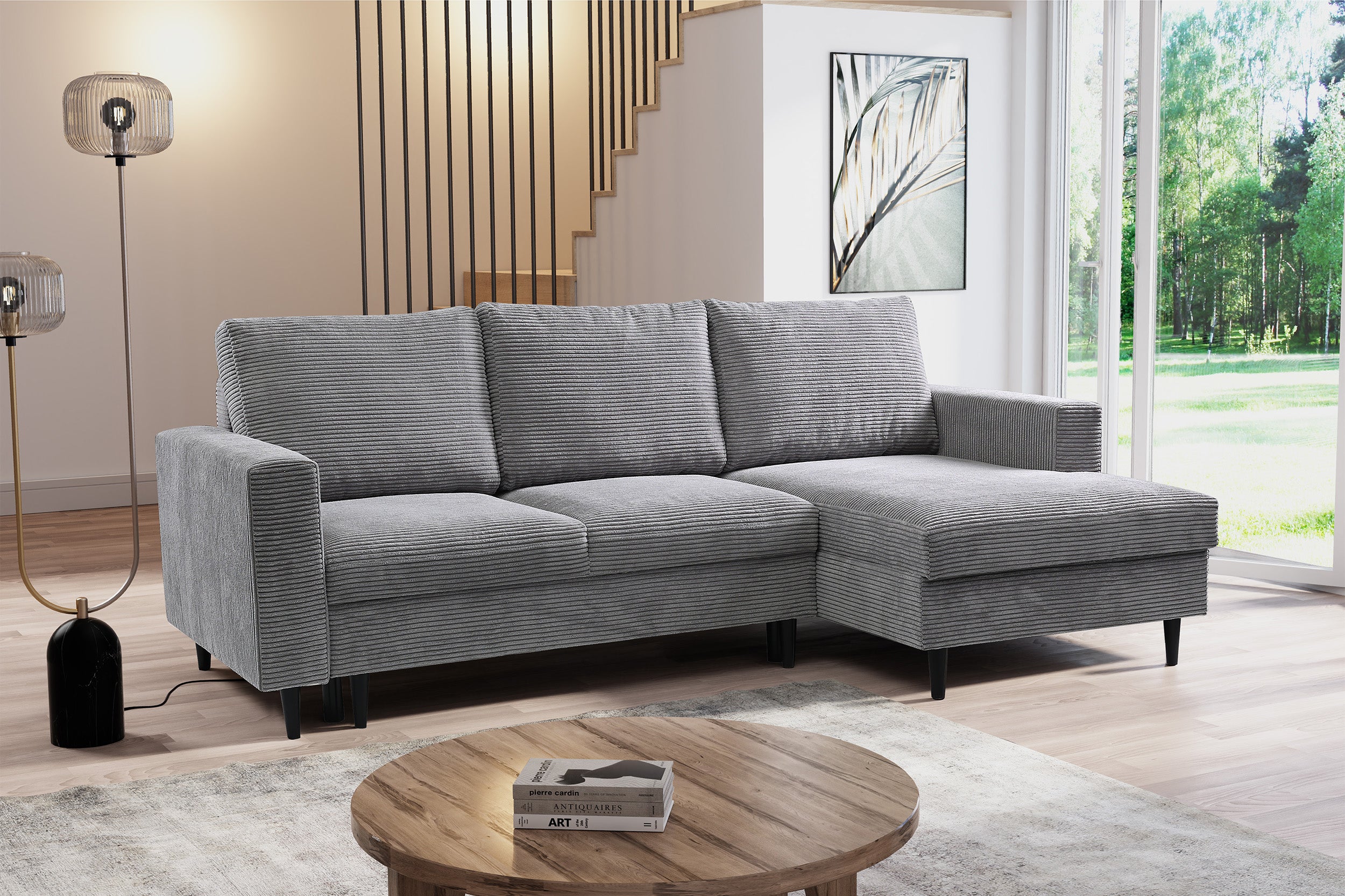 Ecksofa mit Schlafunktion Nalika, L-förmig, mit Stauraum, hellgrauer Cordstoff, rechtsseitig