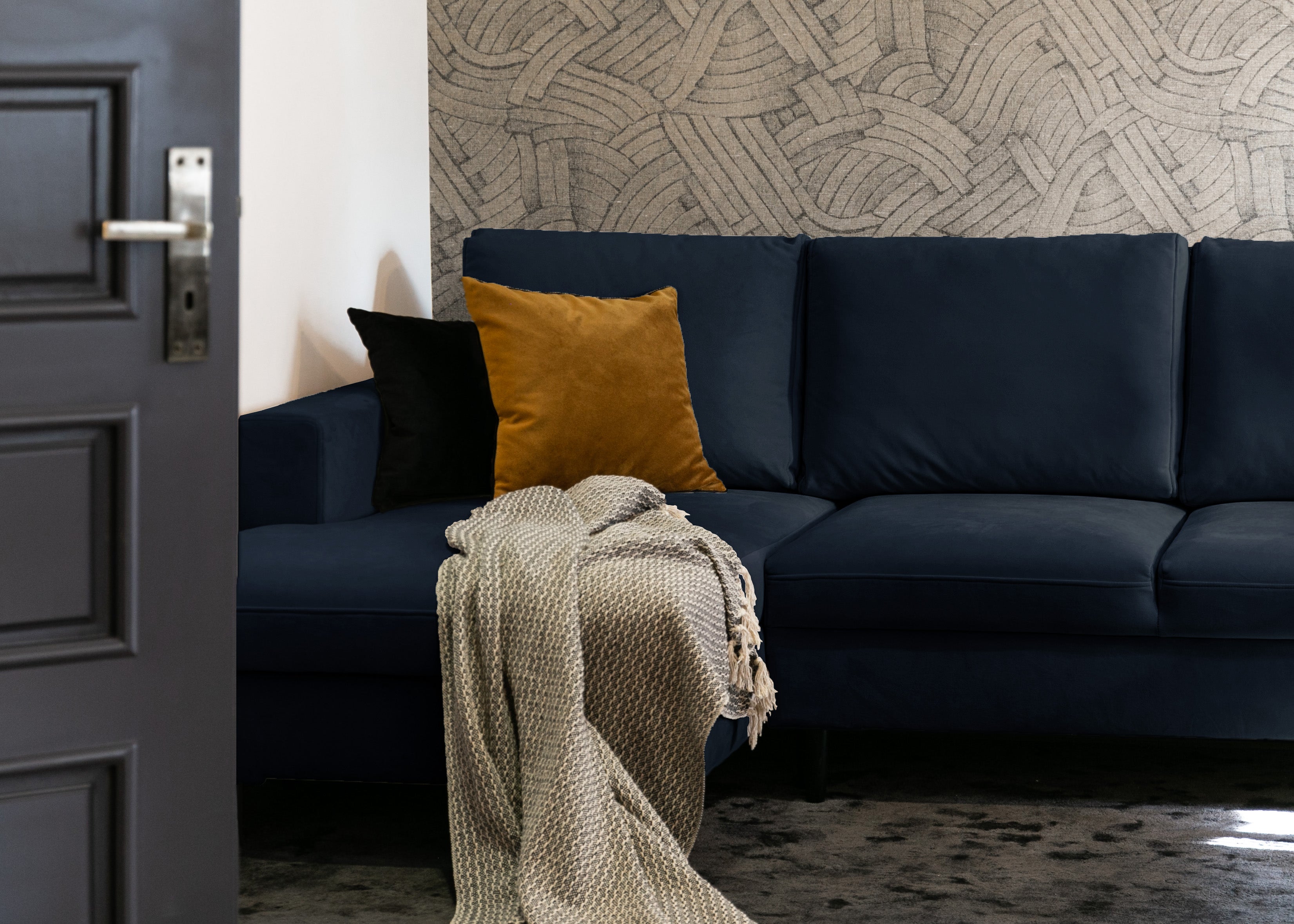 Ecksofa mit Schlafunktion Nalika, L-förmig, mit Stauraum, marineblauer, wasserabweisender Samt, linksseitig