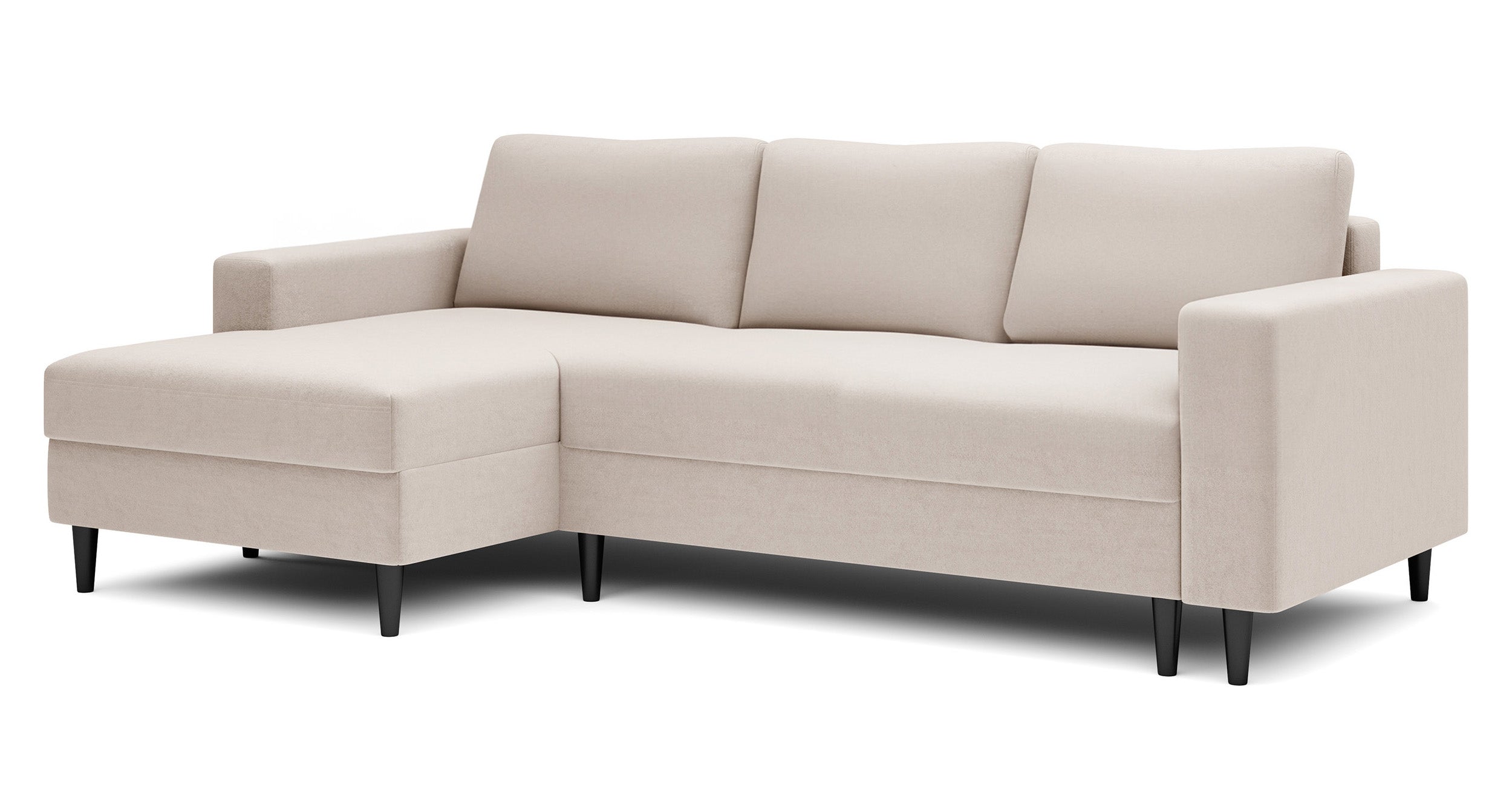 Ecksofa mit Schlaffunktion Nalika, L-förmig, mit Stauraum, cremefarbener, hydrophober Velours, linksseitig