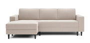 Ecksofa mit Schlaffunktion Nalika, L-förmig, mit Stauraum, cremefarbener, hydrophober Velours, linksseitig