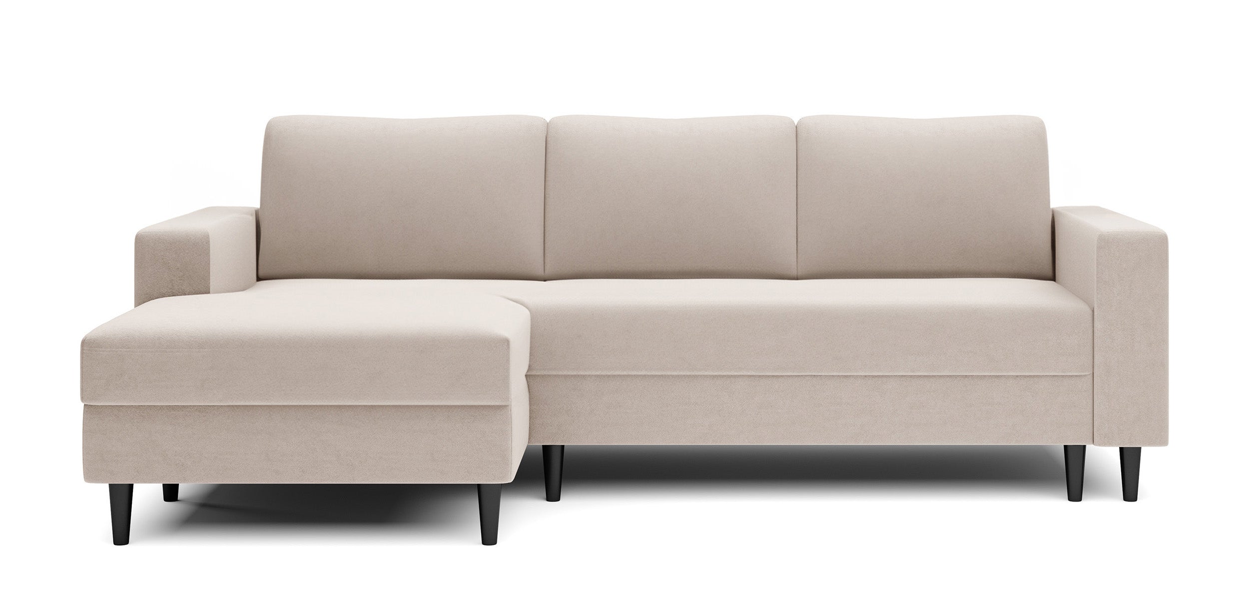 Ecksofa mit Schlaffunktion Nalika, L-förmig, mit Stauraum, cremefarbener, hydrophober Velours, linksseitig