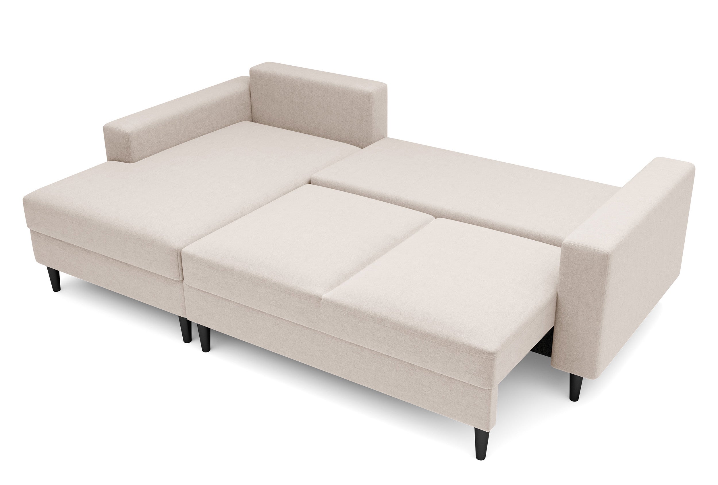 Ecksofa mit Schlaffunktion Nalika, L-förmig, mit Stauraum, cremefarbener, hydrophober Velours, linksseitig