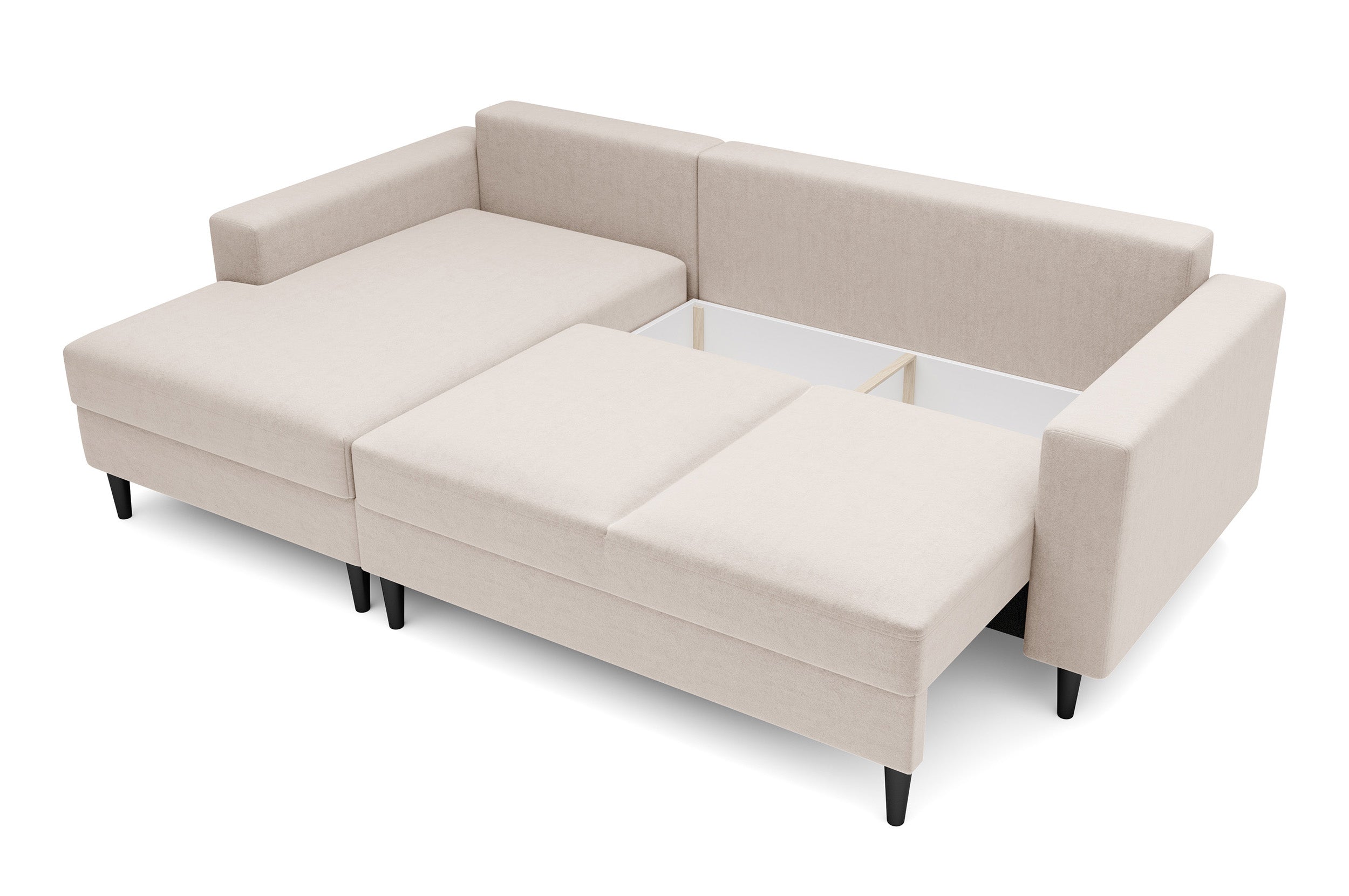 Ecksofa mit Schlaffunktion Nalika, L-förmig, mit Stauraum, cremefarbener, hydrophober Velours, linksseitig