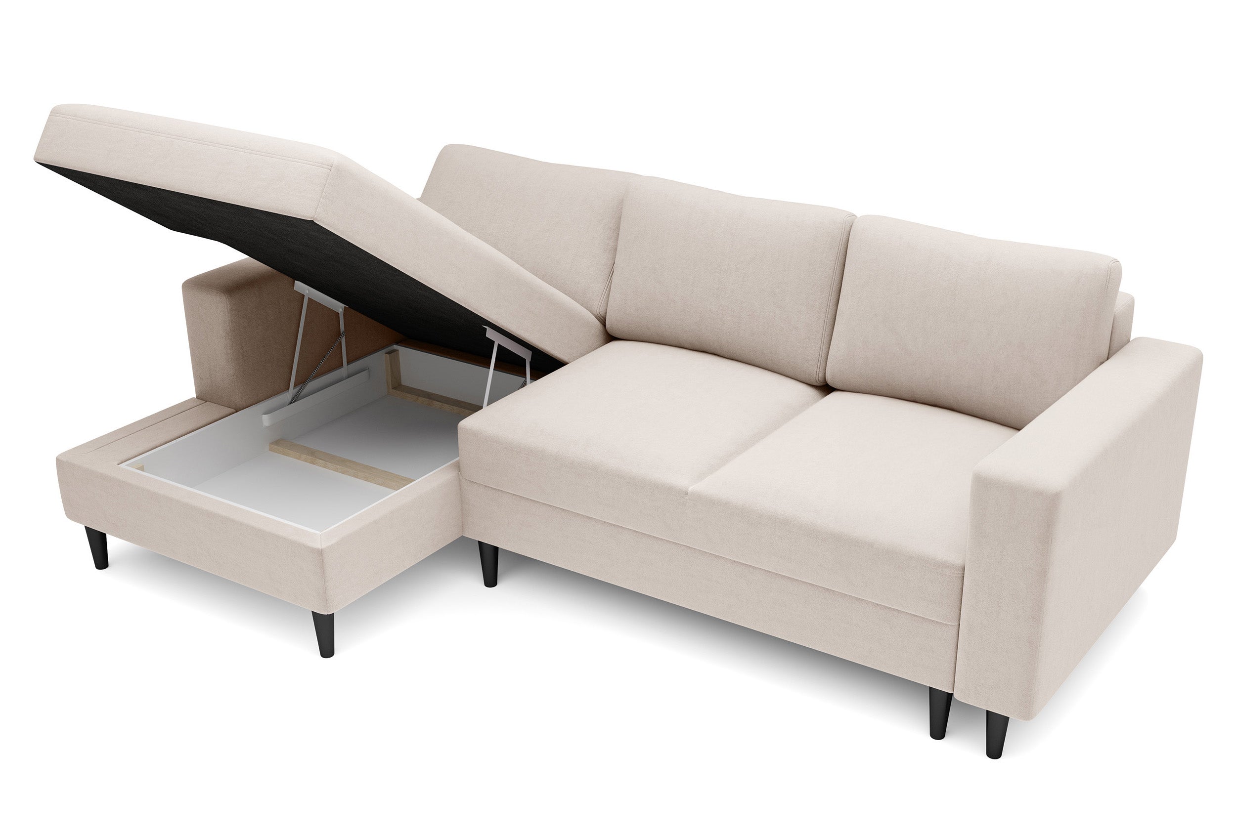 Ecksofa mit Schlaffunktion Nalika, L-förmig, mit Stauraum, cremefarbener, hydrophober Velours, linksseitig