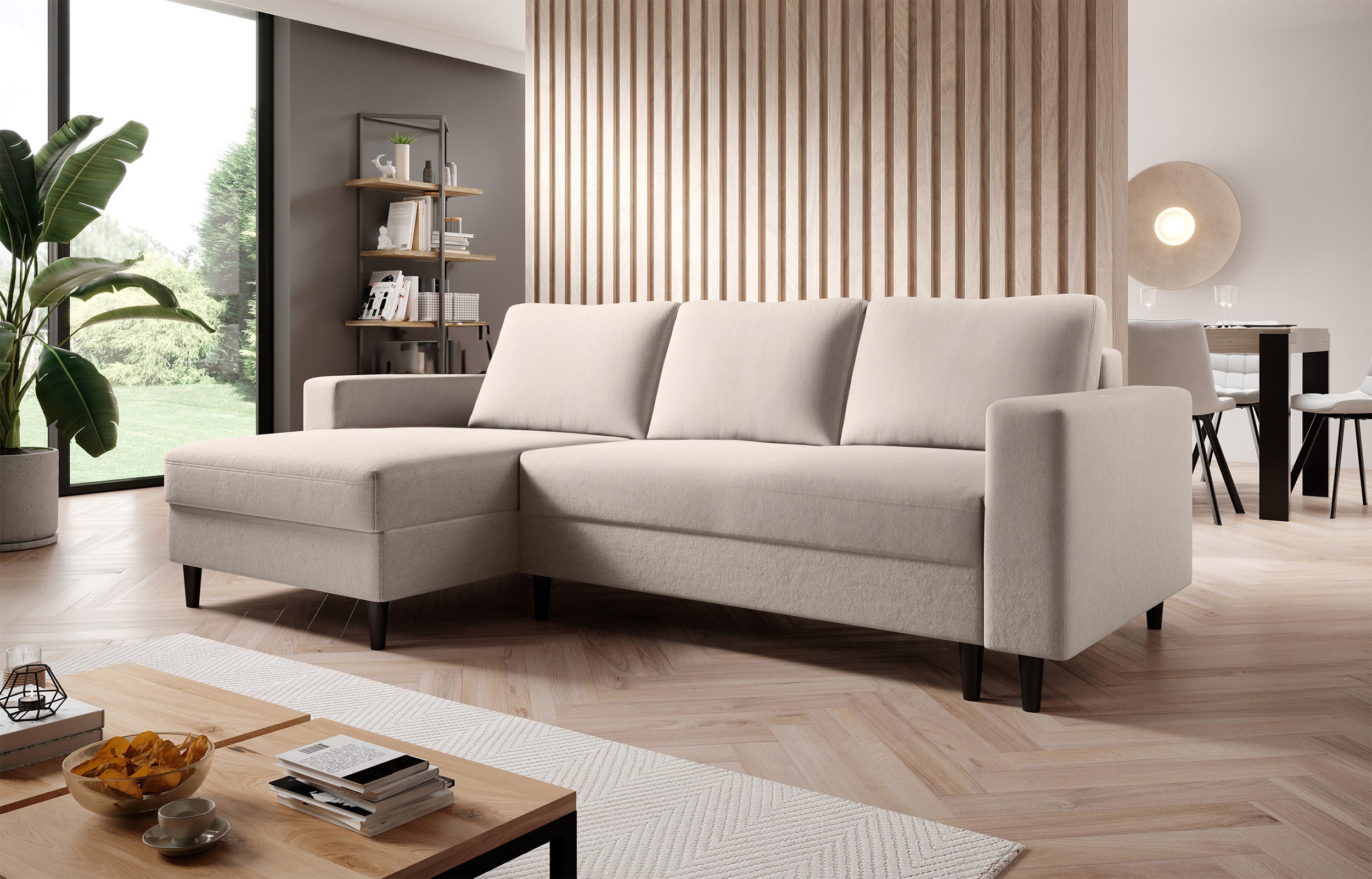 Ecksofa mit Schlaffunktion Nalika, L-förmig, mit Stauraum, cremefarbener, hydrophober Velours, linksseitig