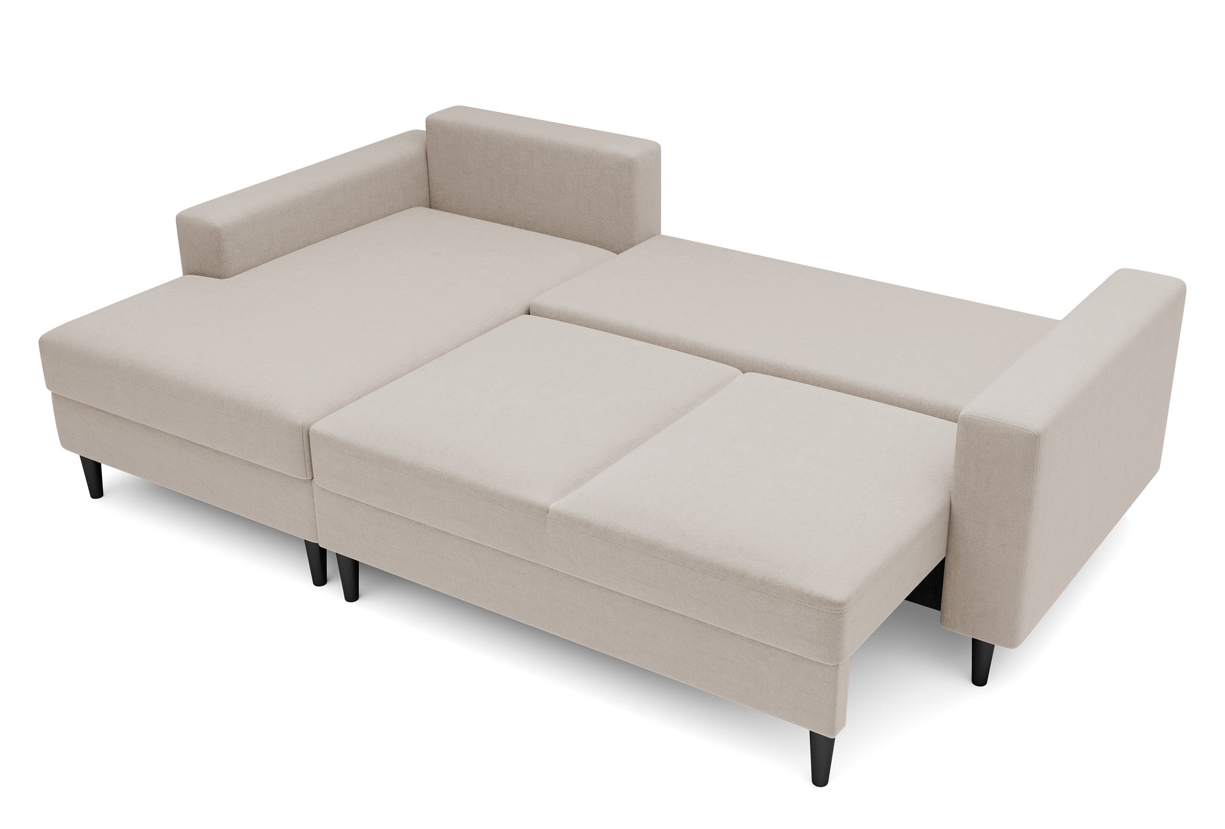 Ecksofa mit Schlafunktion Nalika, L-förmig, mit Stauraum, beige, hydrophober Samt, linksseitig