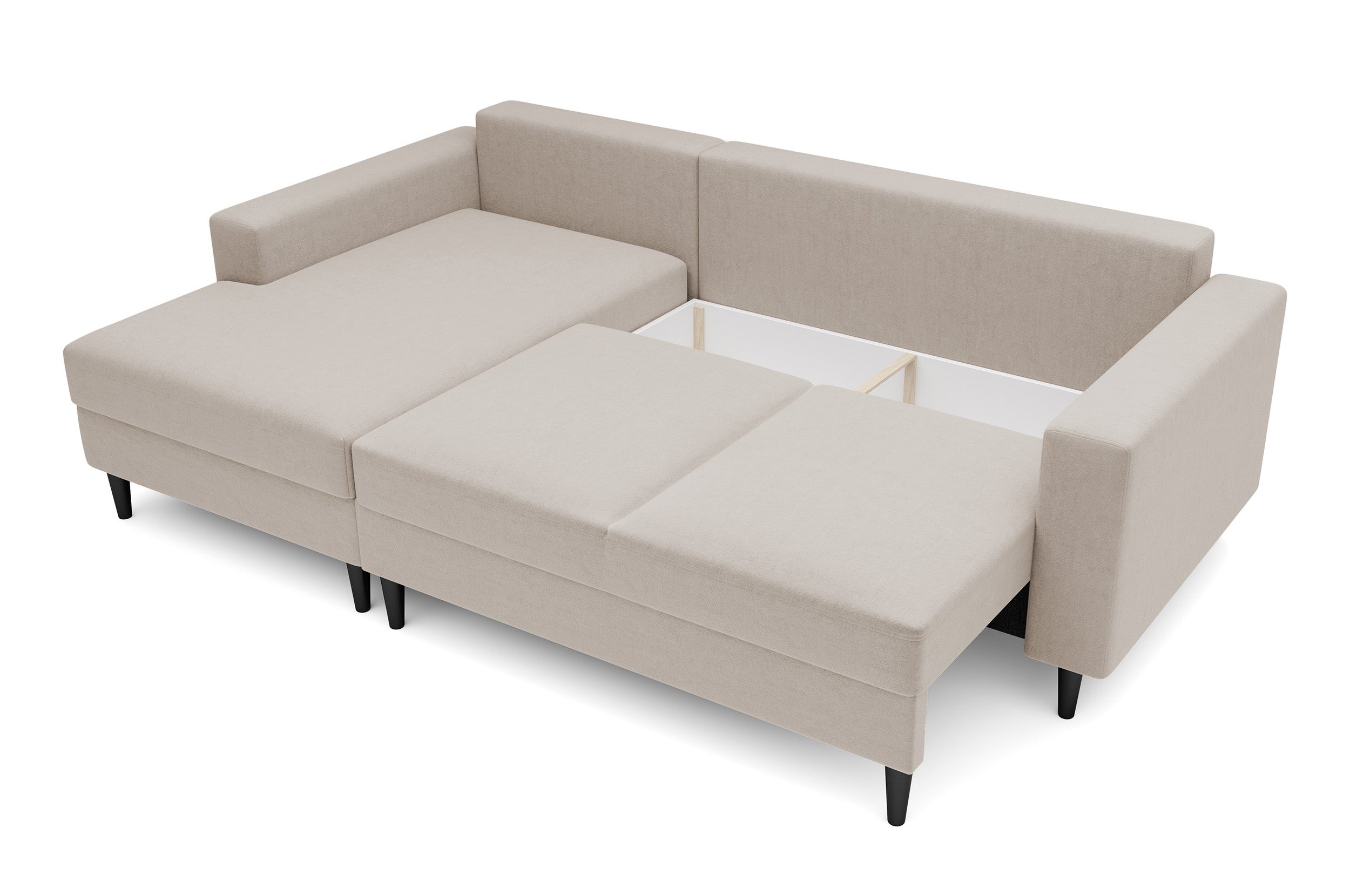 Ecksofa mit Schlafunktion Nalika, L-förmig, mit Stauraum, beige, hydrophober Samt, linksseitig