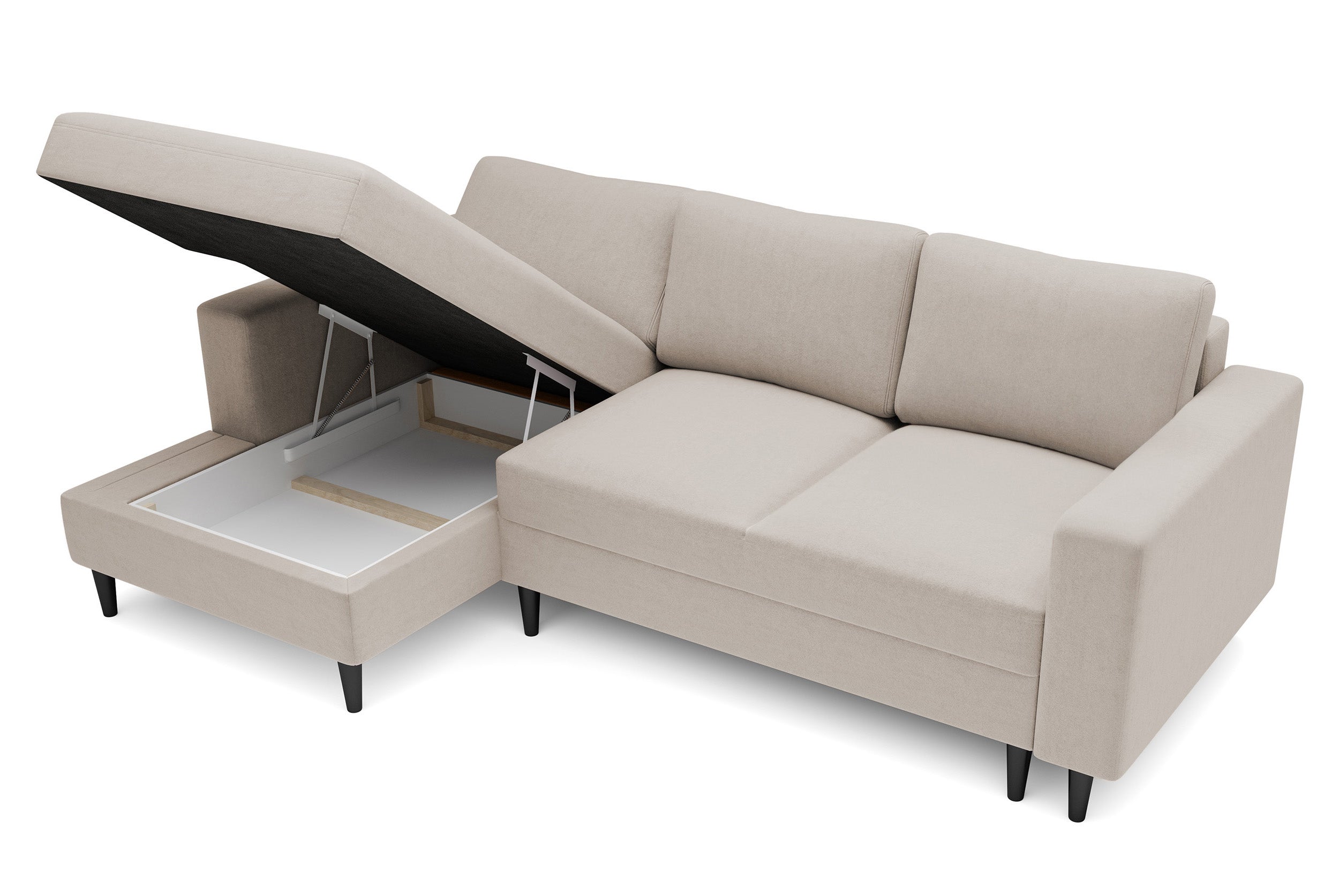 Ecksofa mit Schlafunktion Nalika, L-förmig, mit Stauraum, beige, hydrophober Samt, linksseitig