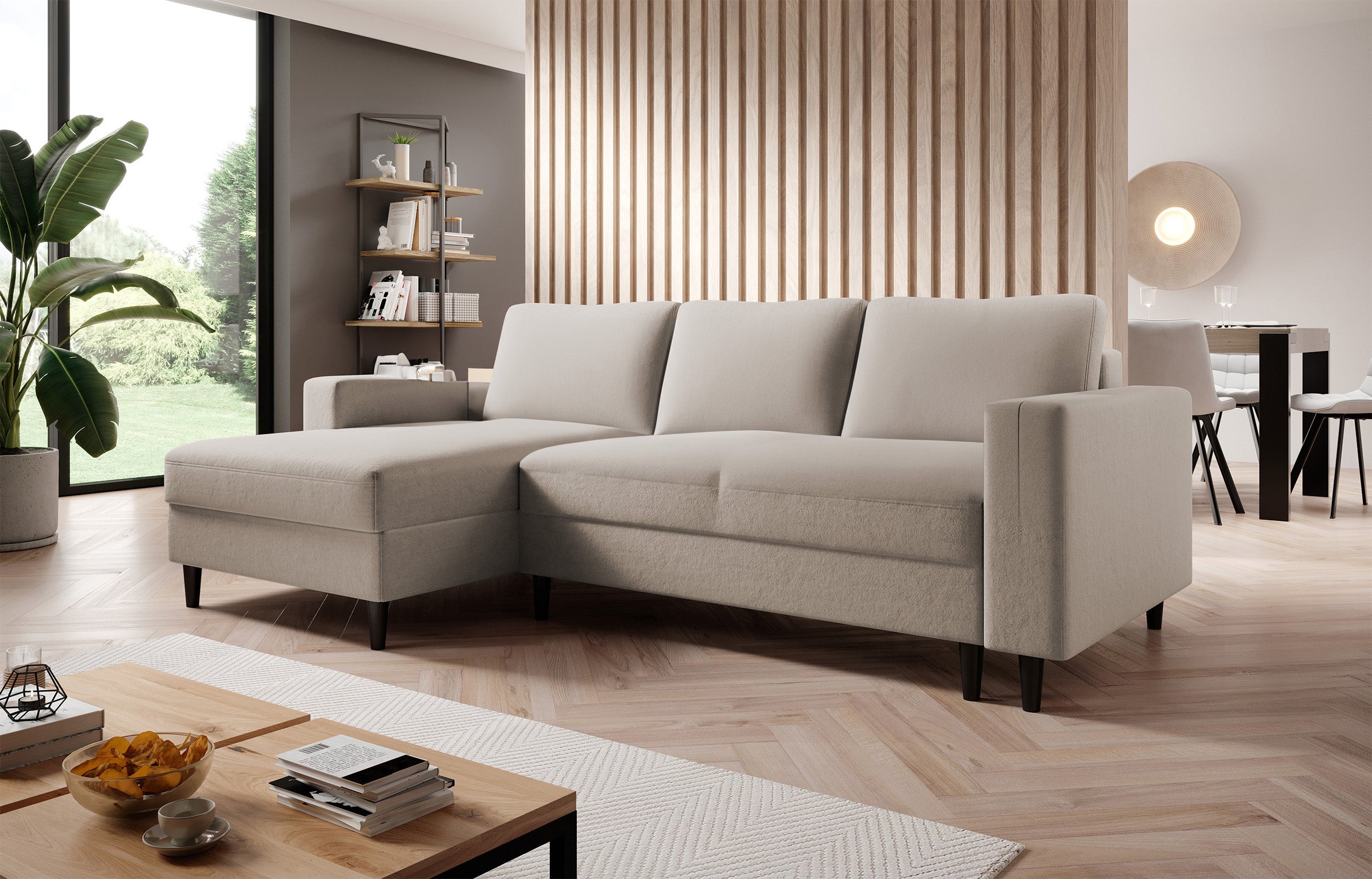 Ecksofa mit Schlafunktion Nalika, L-förmig, mit Stauraum, beige, hydrophober Samt, linksseitig
