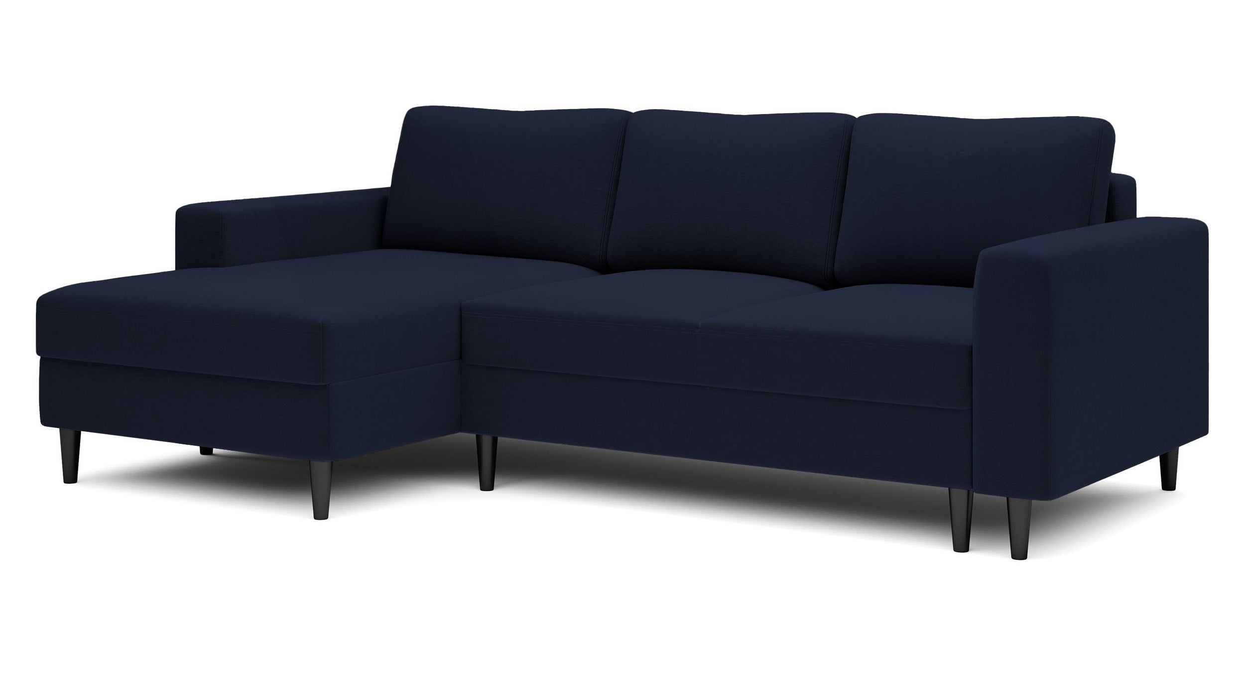 Ecksofa mit Schlafunktion Nalika, L-förmig, mit Stauraum, marineblauer, wasserabweisender Samt, linksseitig