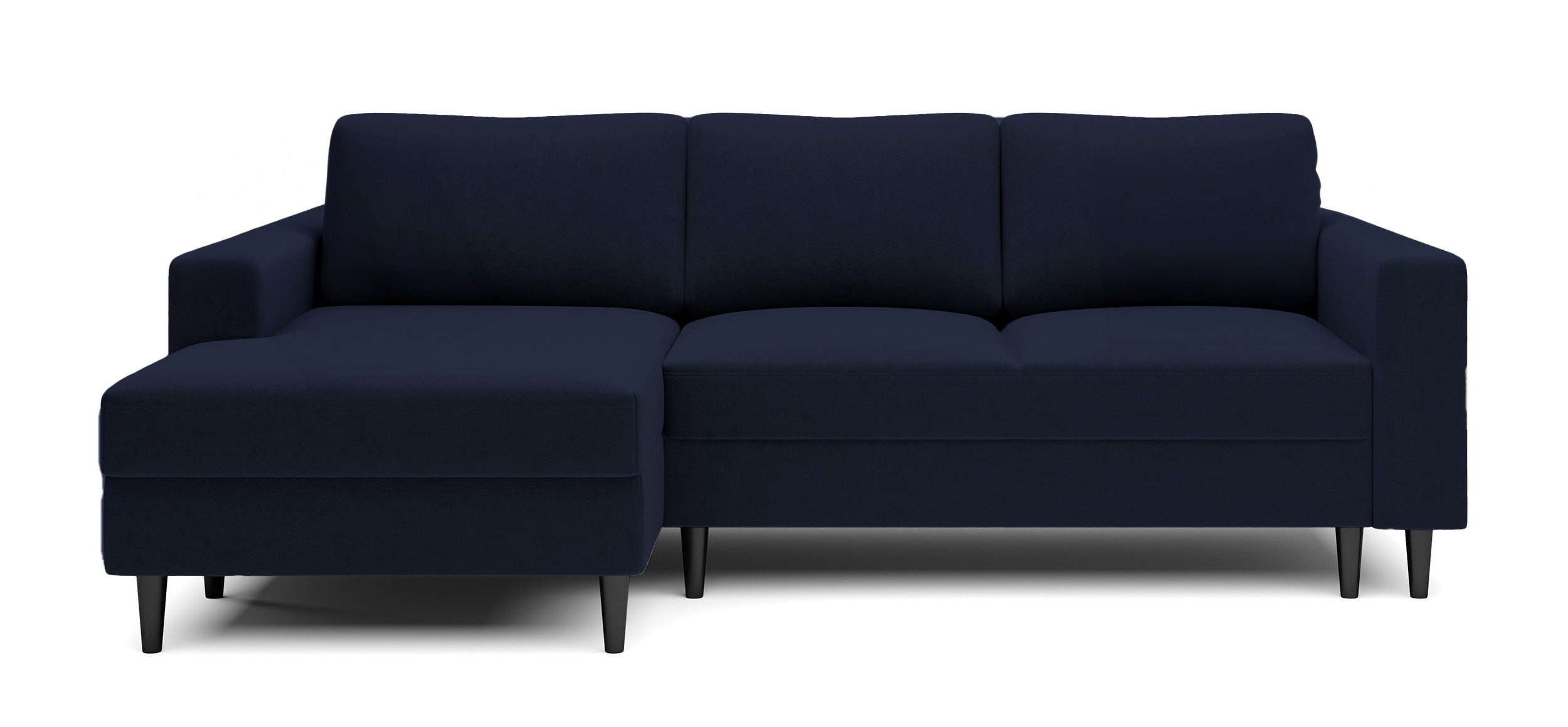 Ecksofa mit Schlafunktion Nalika, L-förmig, mit Stauraum, marineblauer, wasserabweisender Samt, linksseitig
