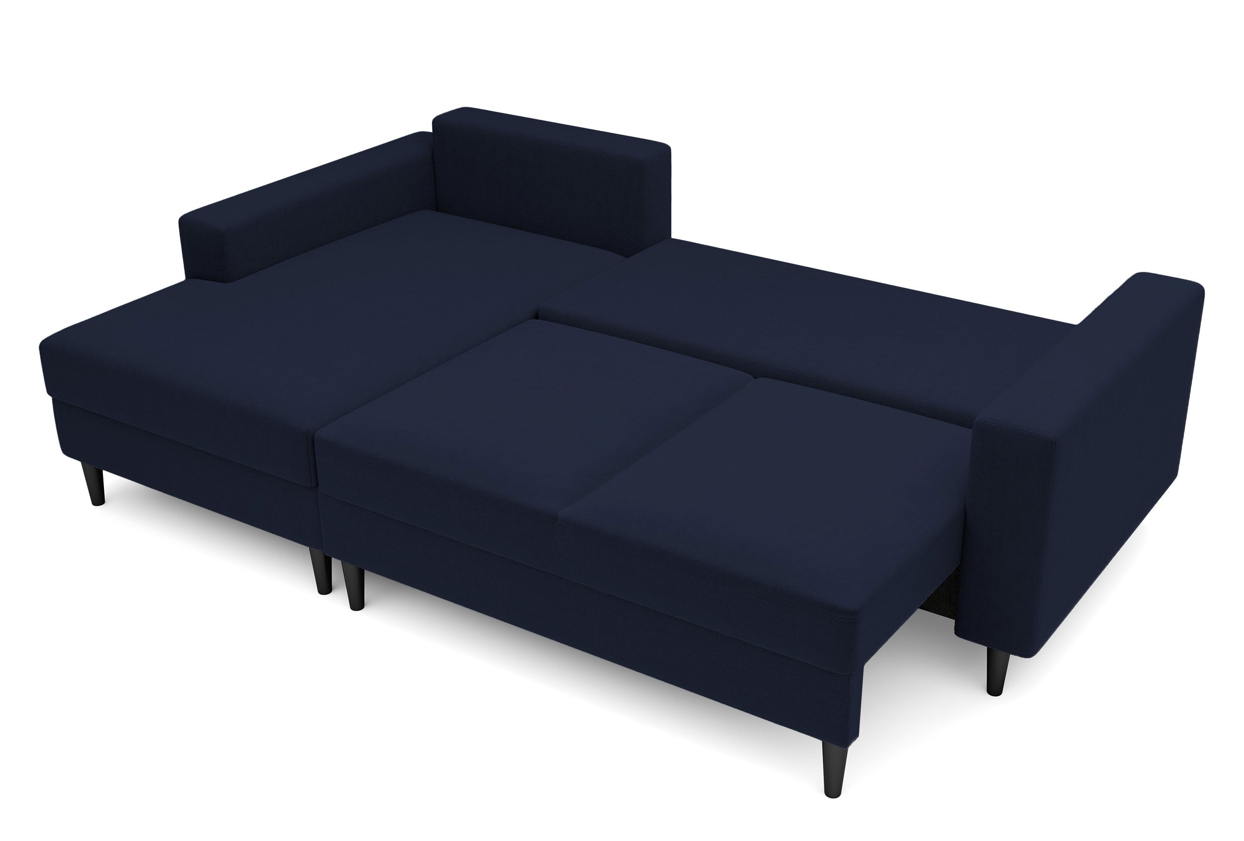 Ecksofa mit Schlafunktion Nalika, L-förmig, mit Stauraum, marineblauer, wasserabweisender Samt, linksseitig