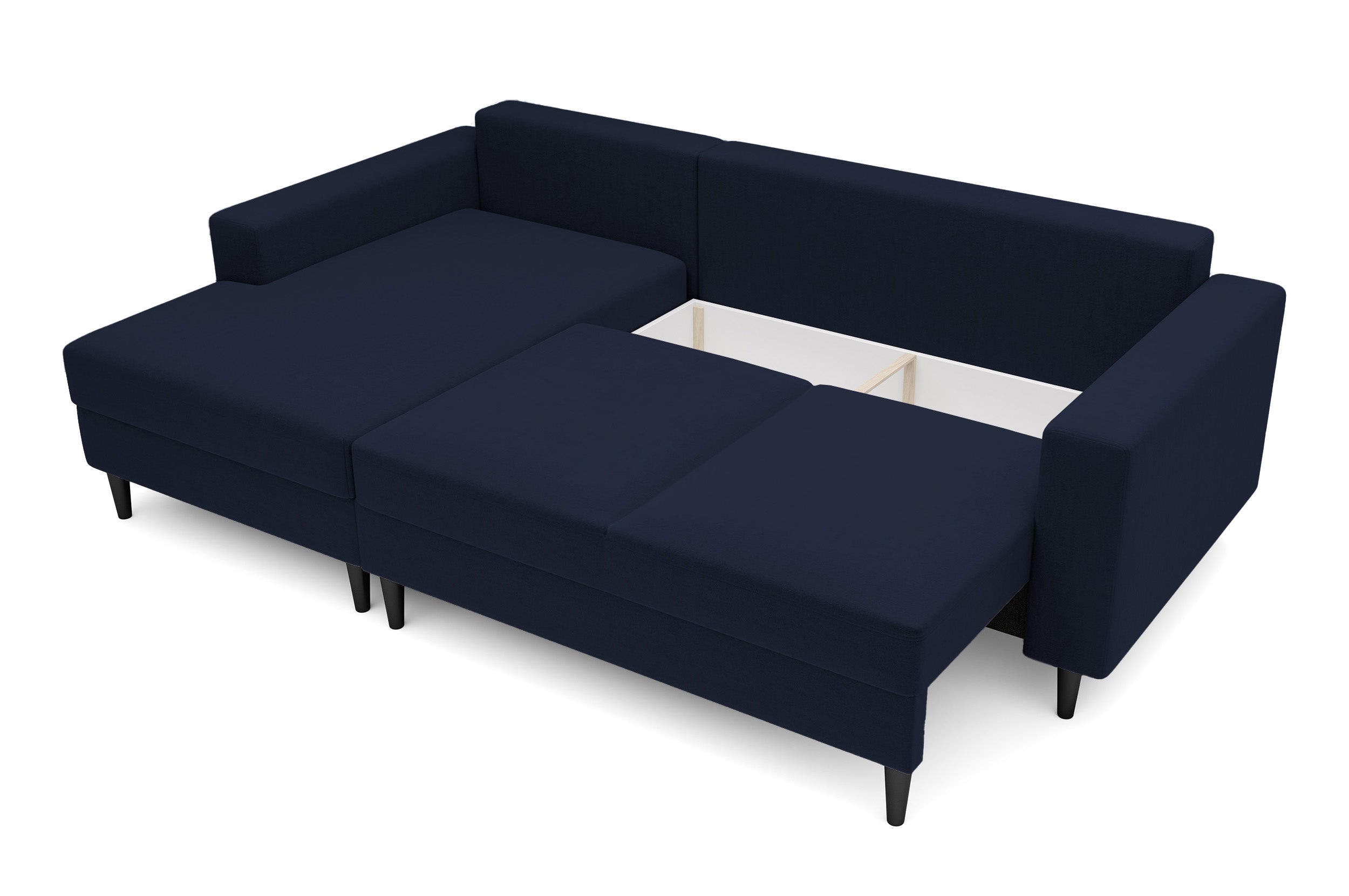 Ecksofa mit Schlafunktion Nalika, L-förmig, mit Stauraum, marineblauer, wasserabweisender Samt, linksseitig