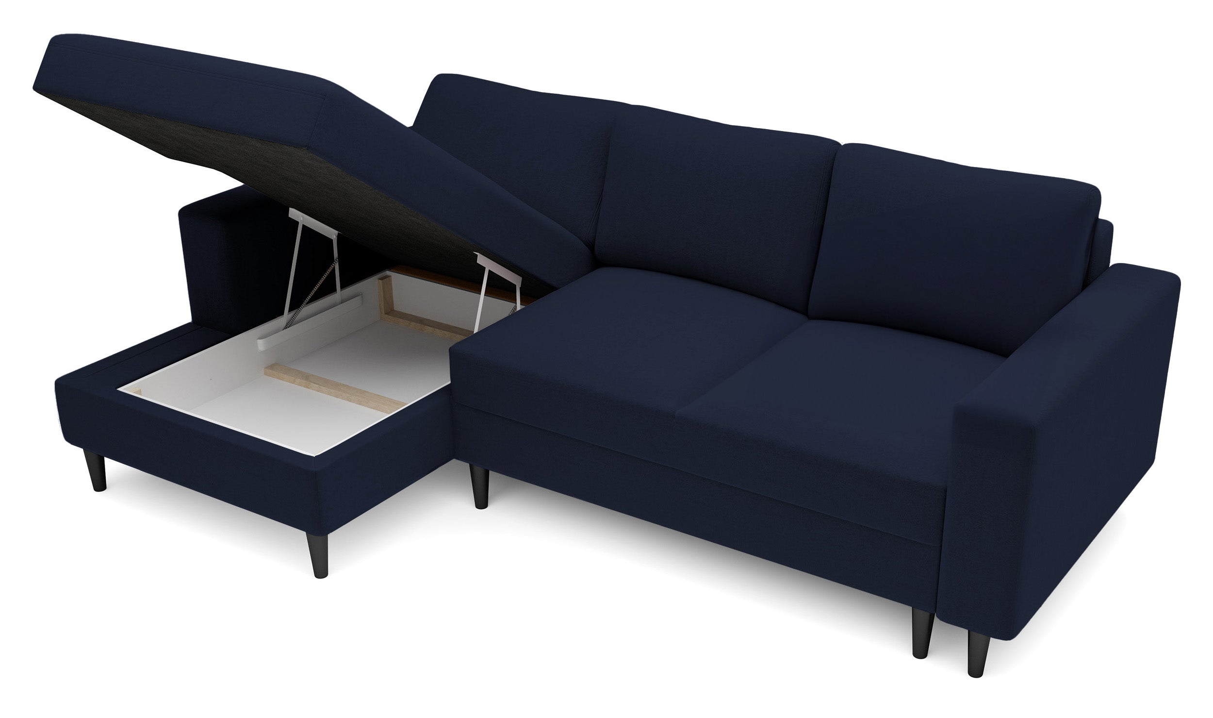 Ecksofa mit Schlafunktion Nalika, L-förmig, mit Stauraum, marineblauer, wasserabweisender Samt, linksseitig