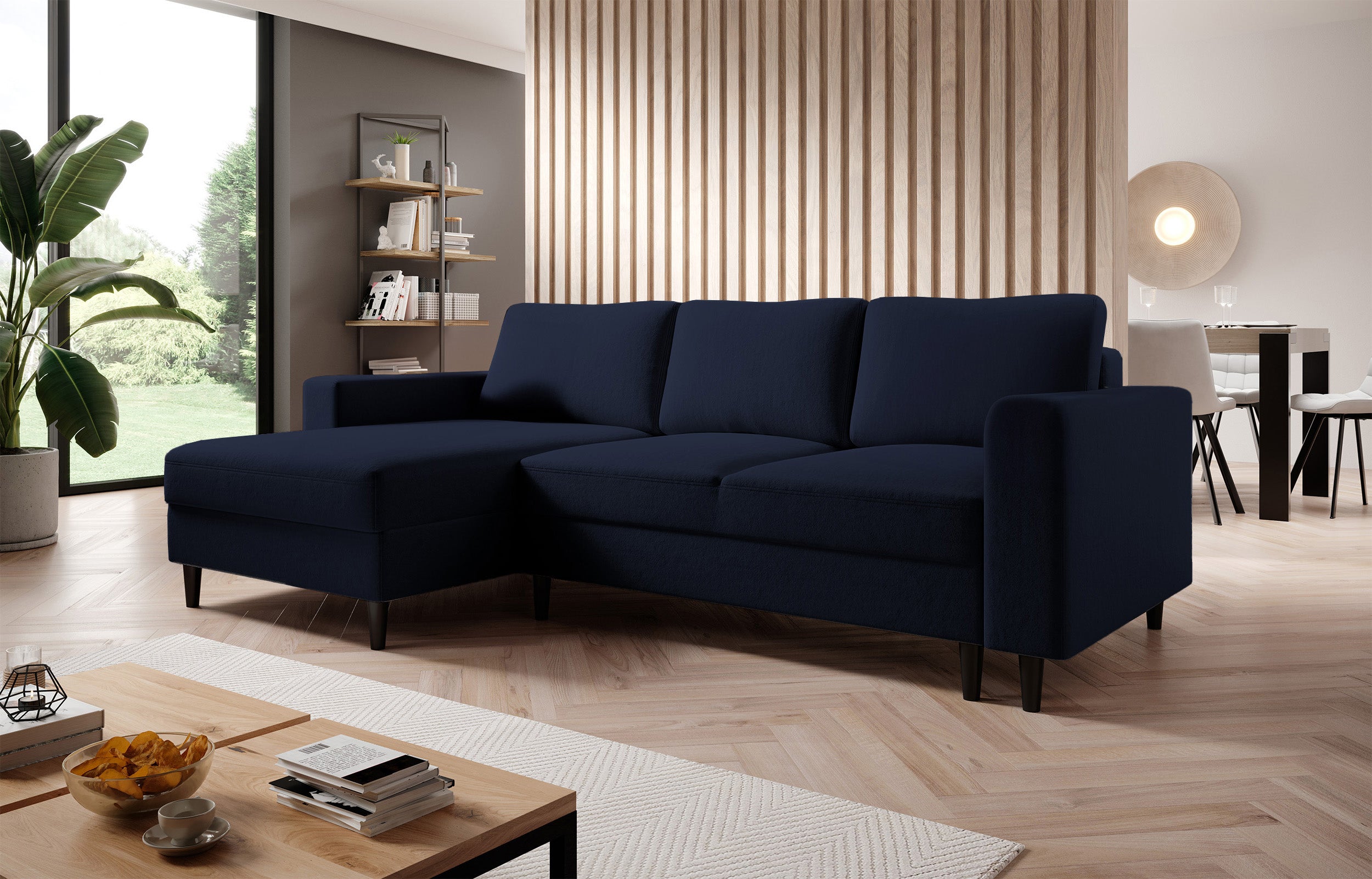 Ecksofa mit Schlafunktion Nalika, L-förmig, mit Stauraum, marineblauer, wasserabweisender Samt, linksseitig