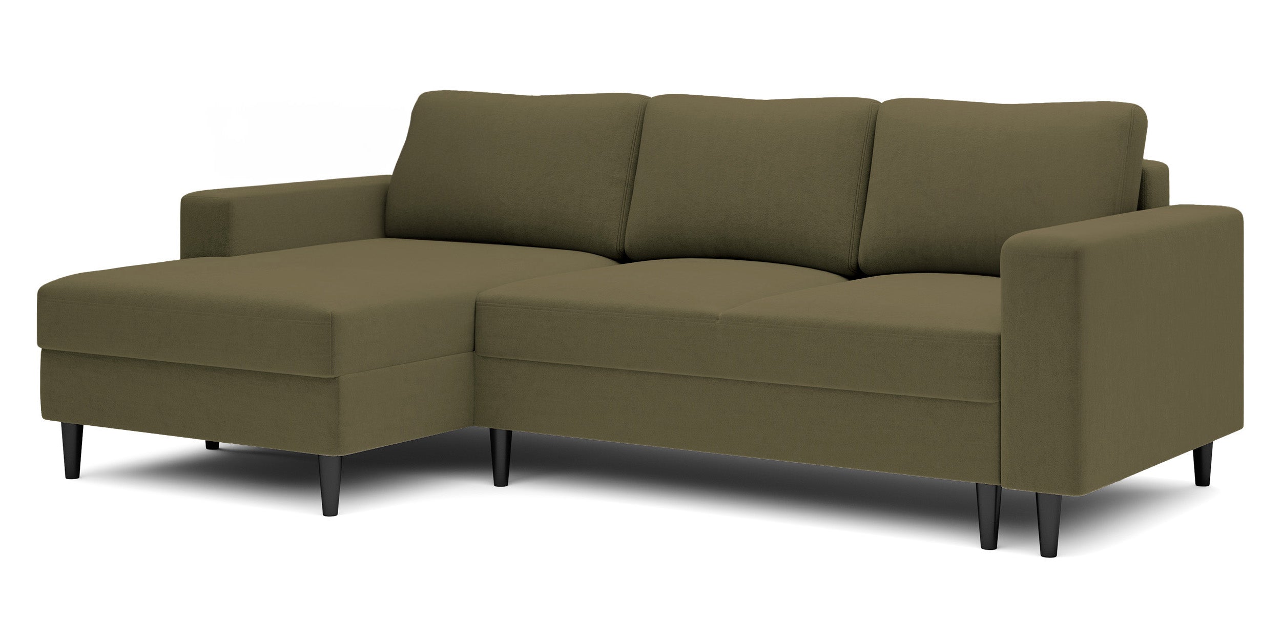 Ecksofa mit Schlaffunktion Nalika, L-förmig, mit Stauraum, olivgrüner hydrophober Samt, linksseitig