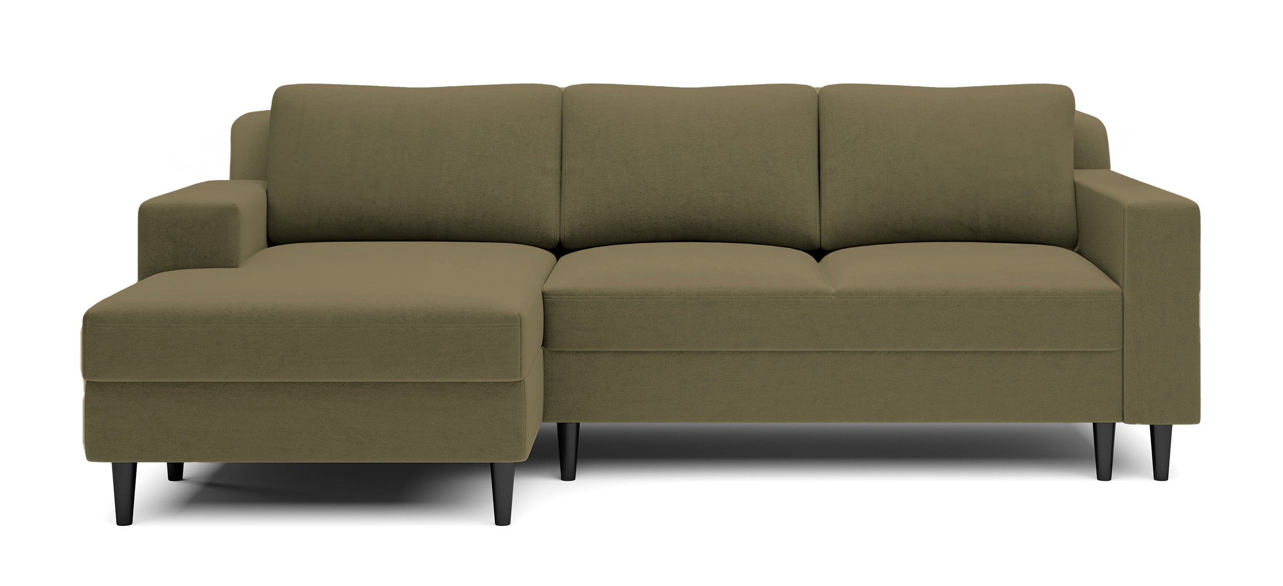 Ecksofa mit Schlaffunktion Nalika, L-förmig, mit Stauraum, olivgrüner hydrophober Samt, linksseitig