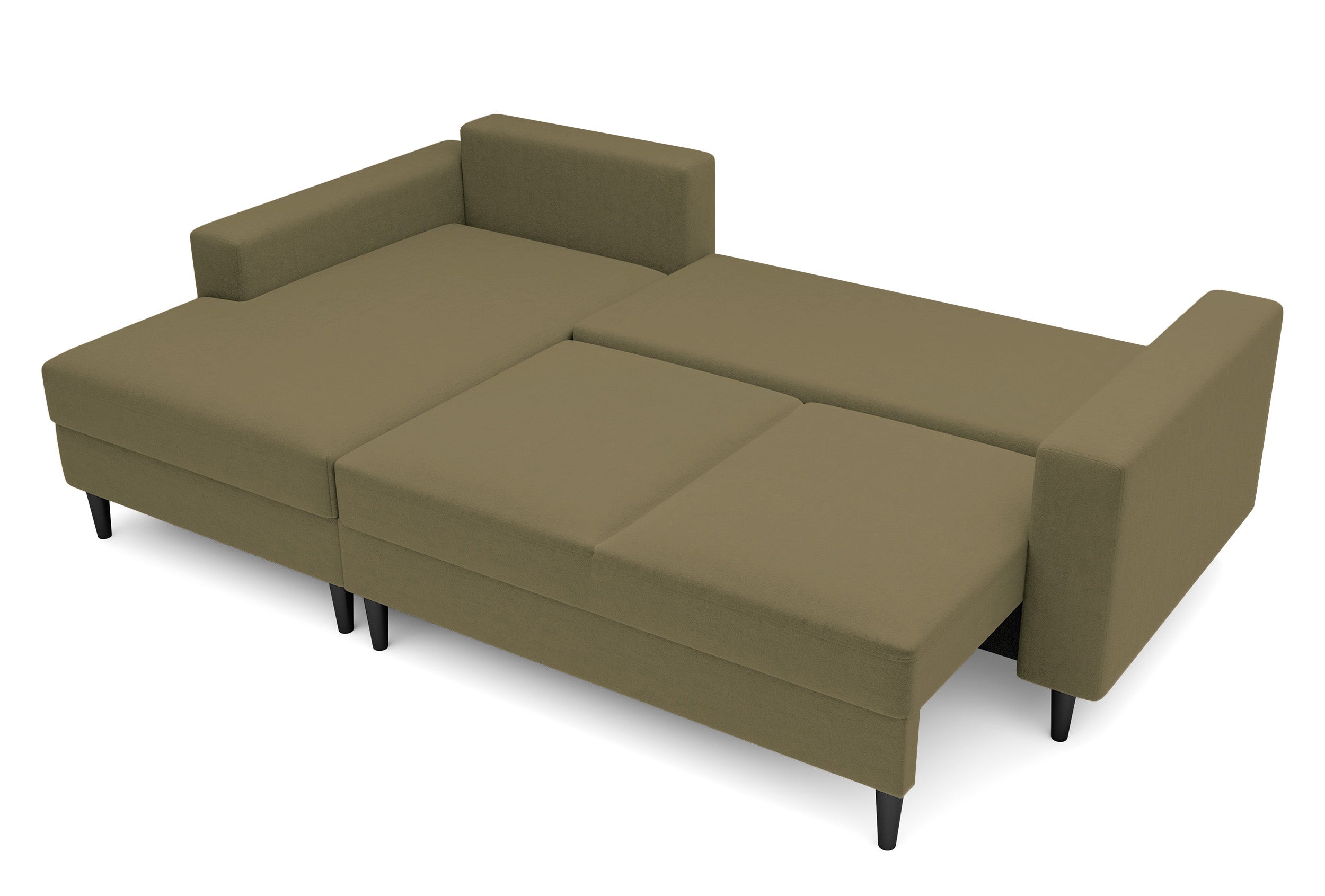 Ecksofa mit Schlaffunktion Nalika, L-förmig, mit Stauraum, olivgrüner hydrophober Samt, linksseitig