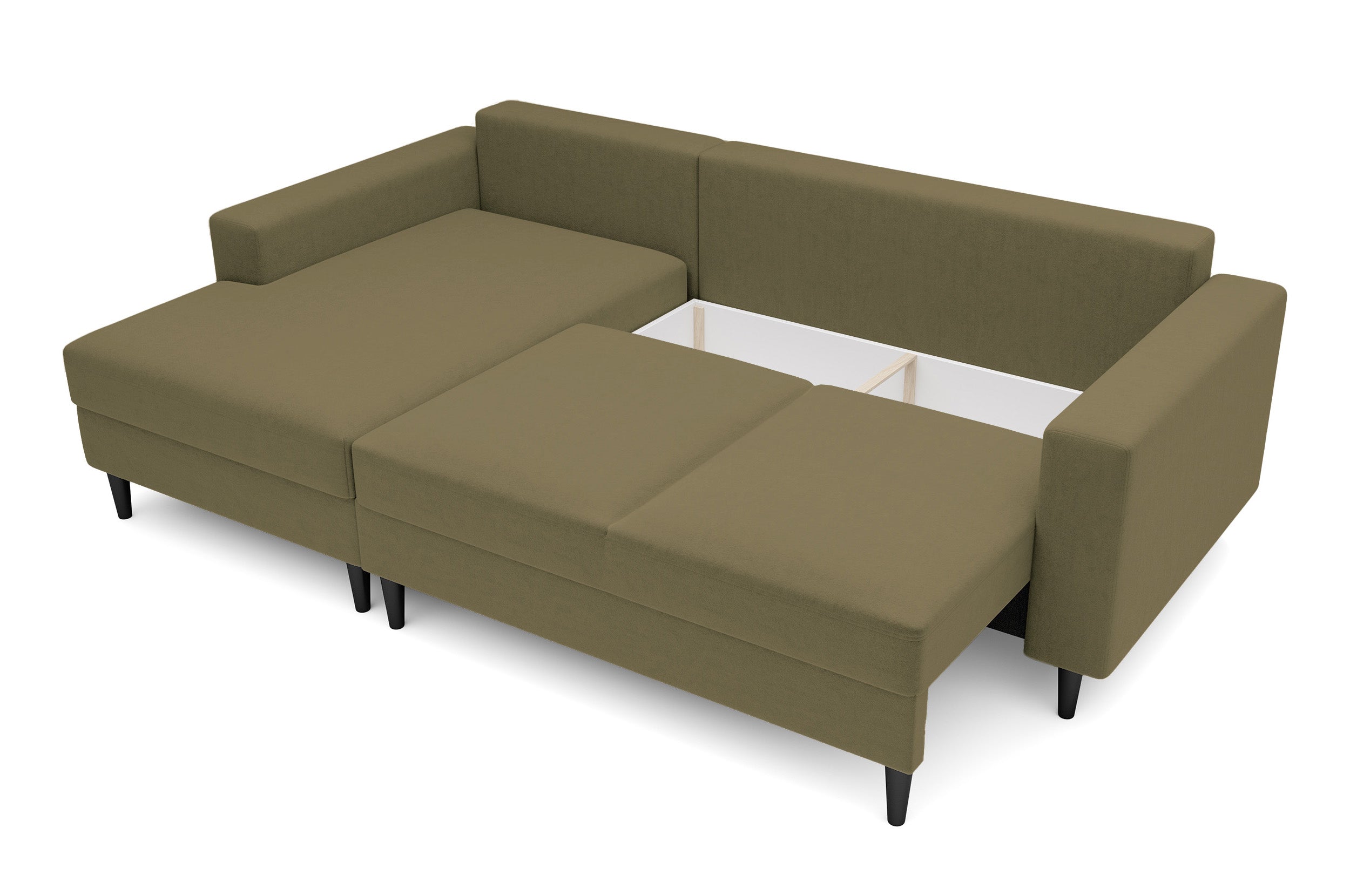 Ecksofa mit Schlaffunktion Nalika, L-förmig, mit Stauraum, olivgrüner hydrophober Samt, linksseitig