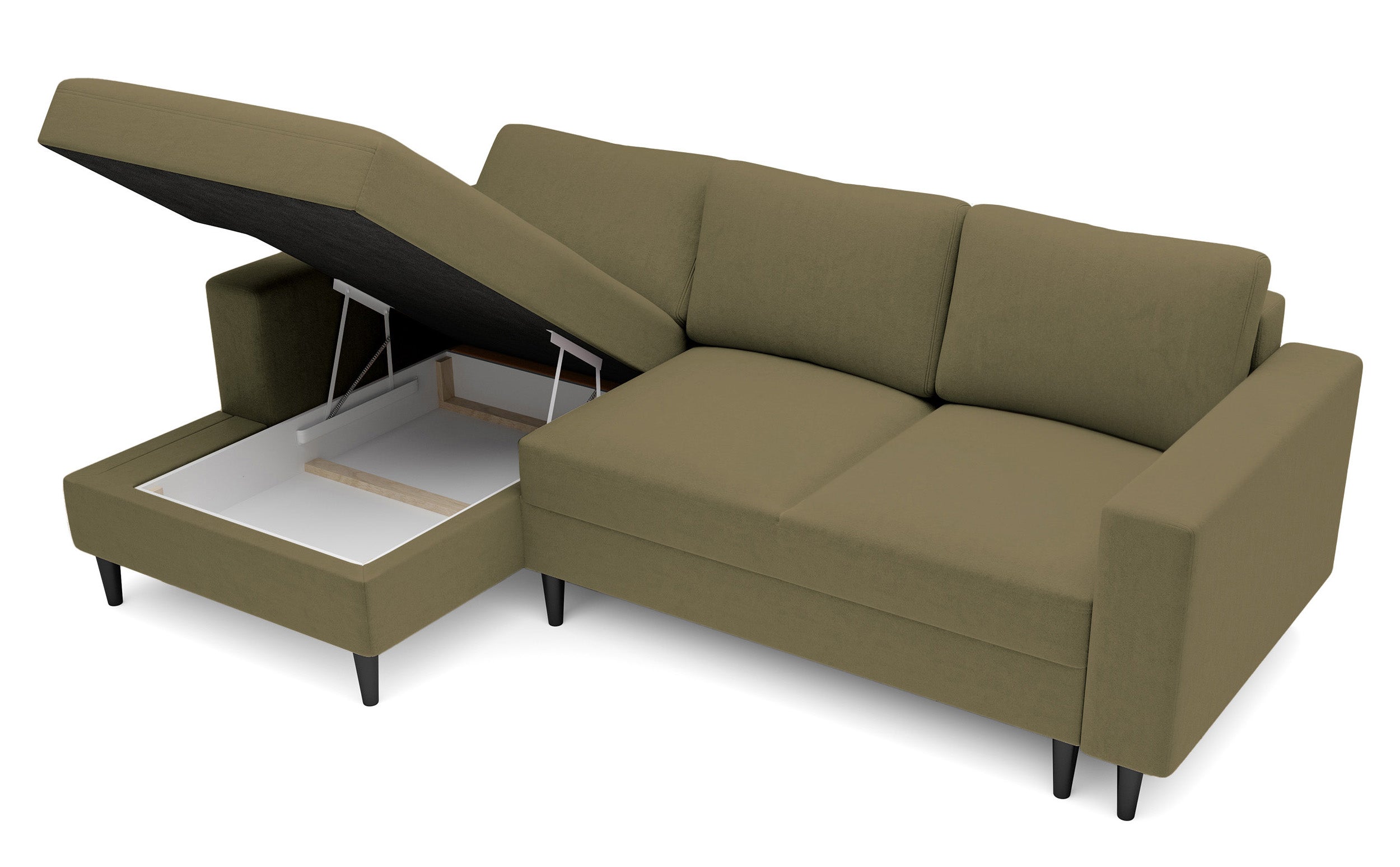 Ecksofa mit Schlaffunktion Nalika, L-förmig, mit Stauraum, olivgrüner hydrophober Samt, linksseitig