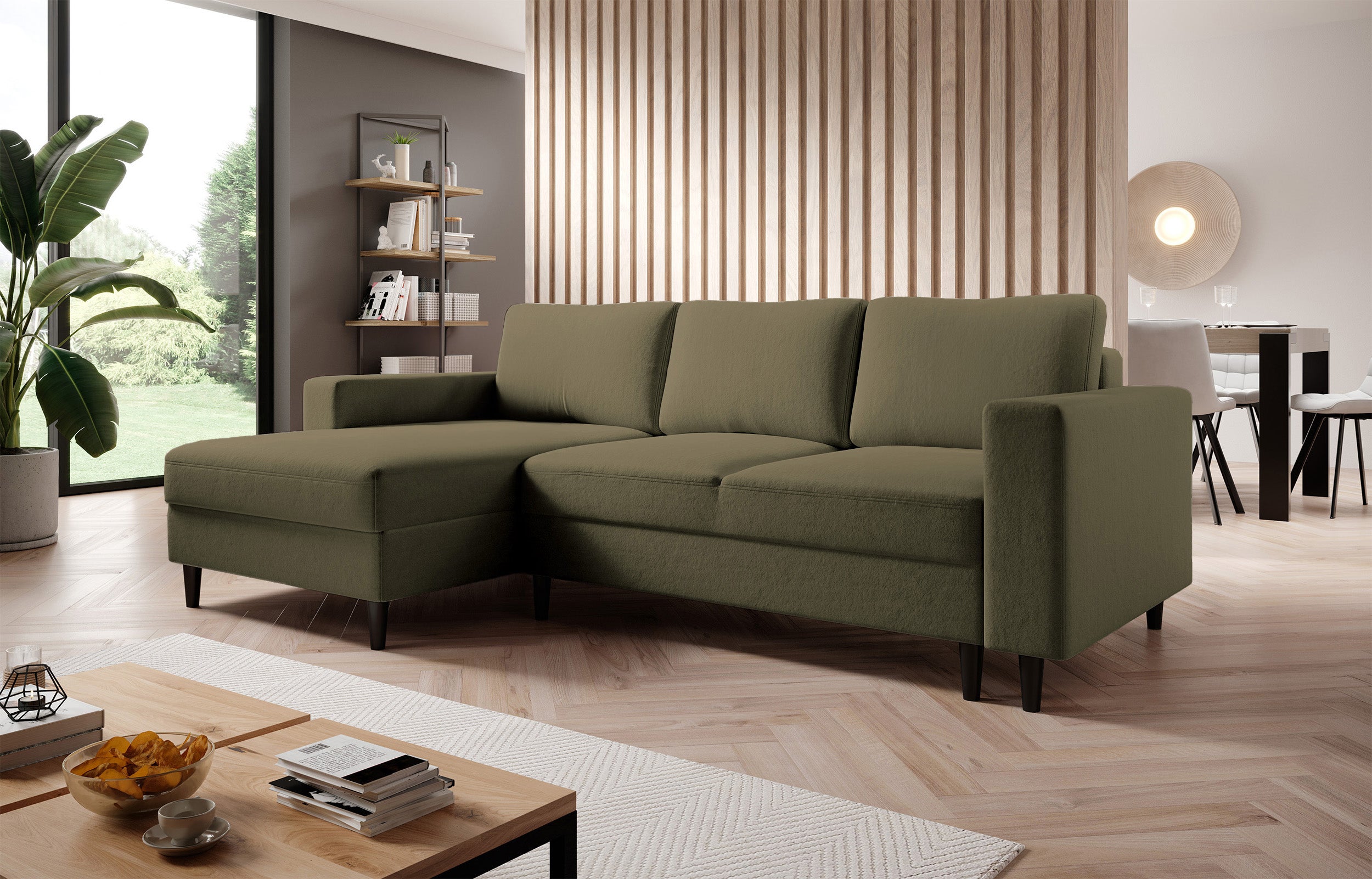 Ecksofa mit Schlaffunktion Nalika, L-förmig, mit Stauraum, olivgrüner hydrophober Samt, linksseitig