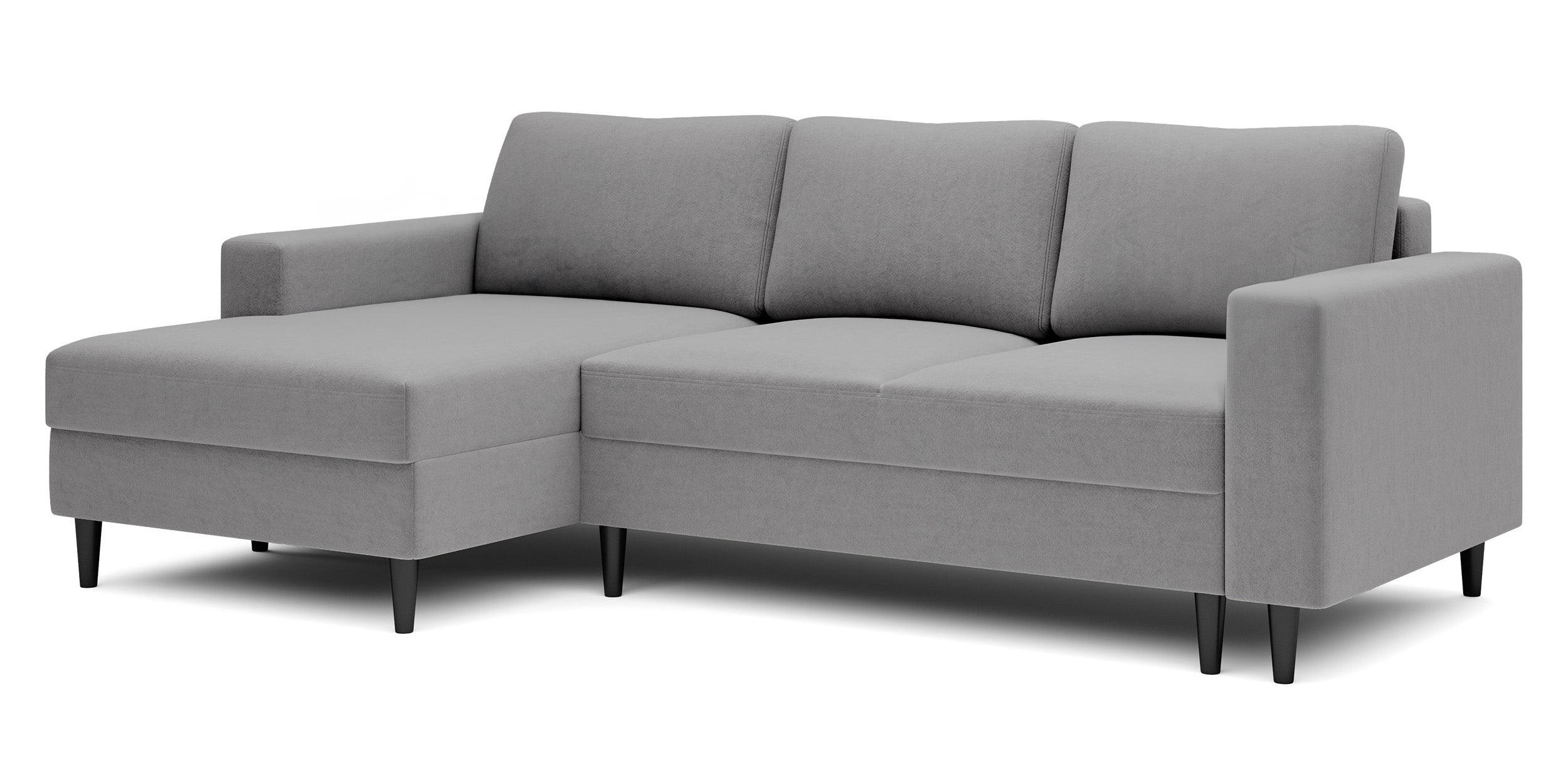 Ecksofa mit Schlafunktion Nalika, L-förmig, mit Stauraum, grauer hydrophober Samt, linksseitig