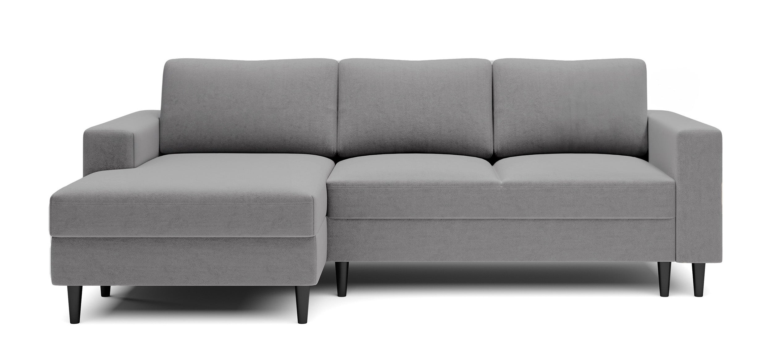 Ecksofa mit Schlafunktion Nalika, L-förmig, mit Stauraum, grauer hydrophober Samt, linksseitig